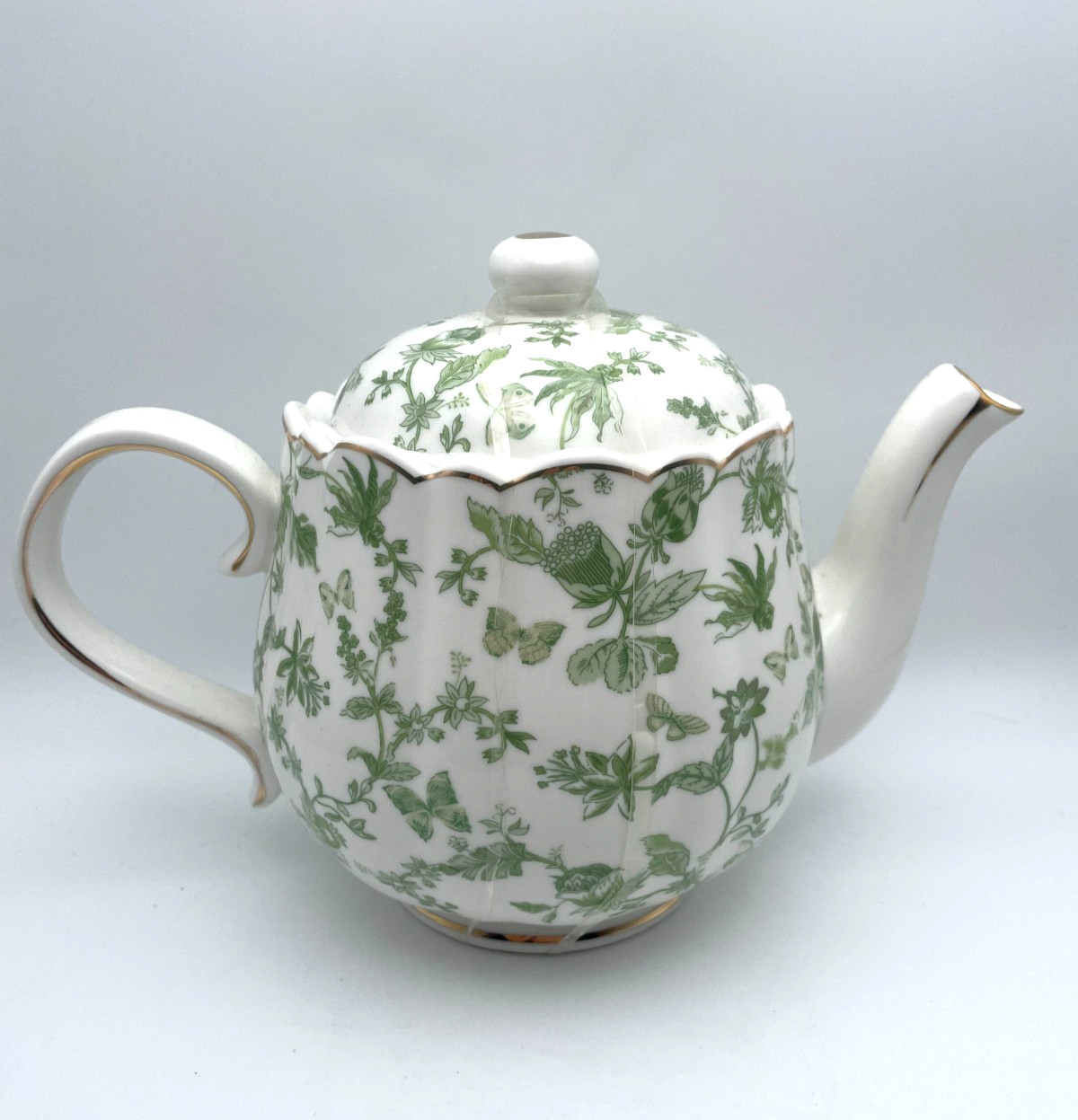 Grace Teaware Shabby Chic Green Floral Gold Trim Fine Porcelain Teapot & Lid B97