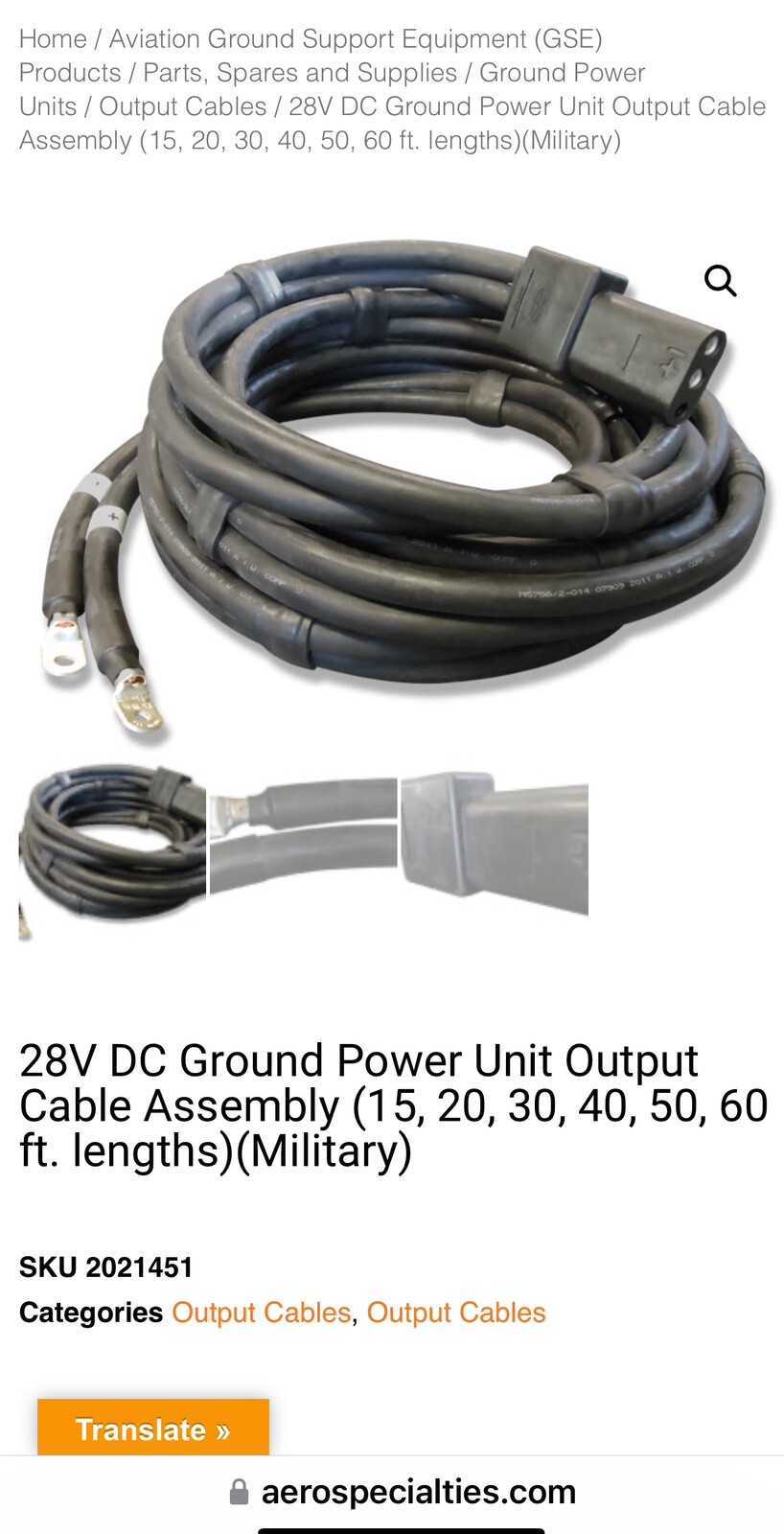 ANDERSON 28V DC Ground Power Unit Output Cable Assembly (20 ft. length) Military