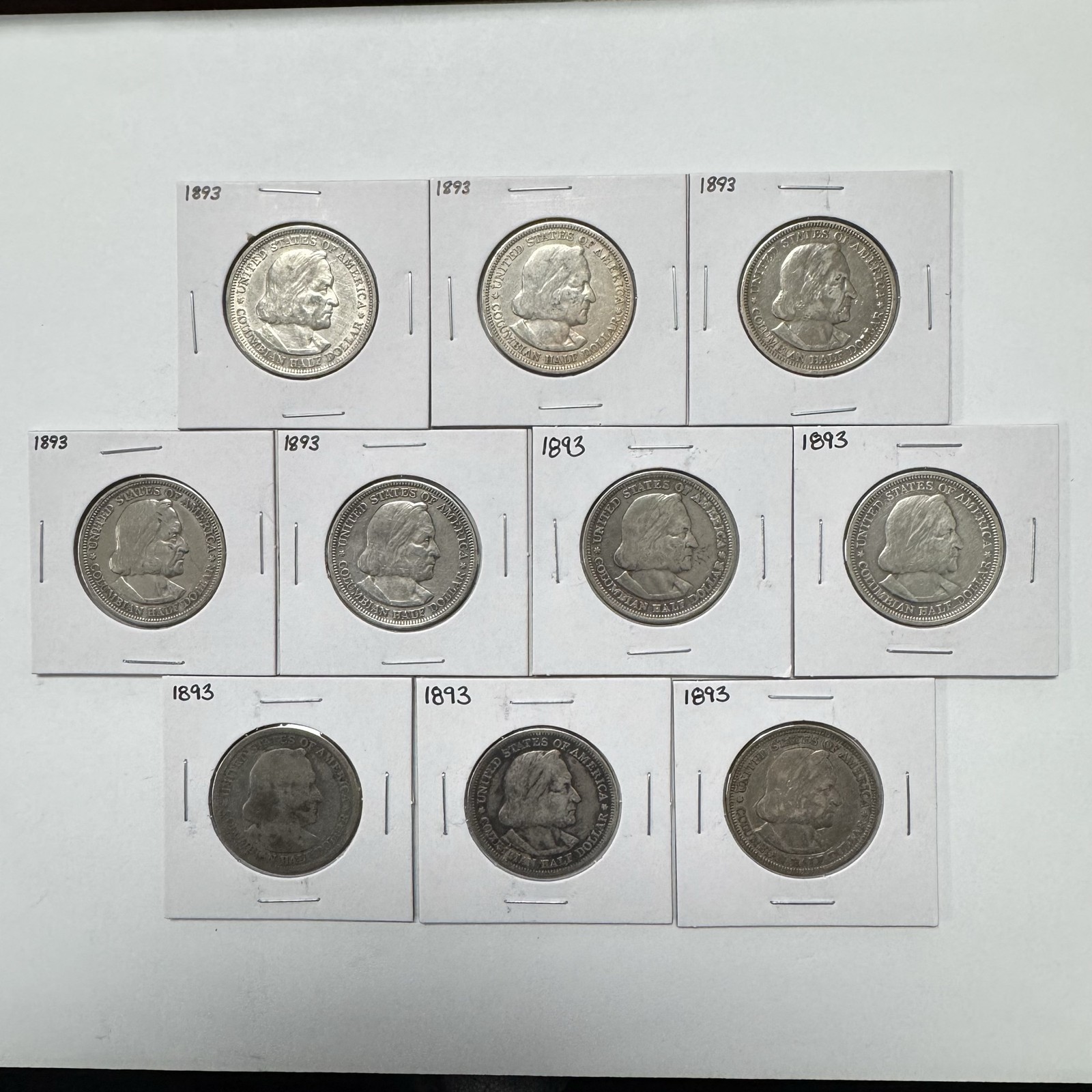 Lot of 10 1893 Columbian Exposition 90% Silver Half Dollar Coins