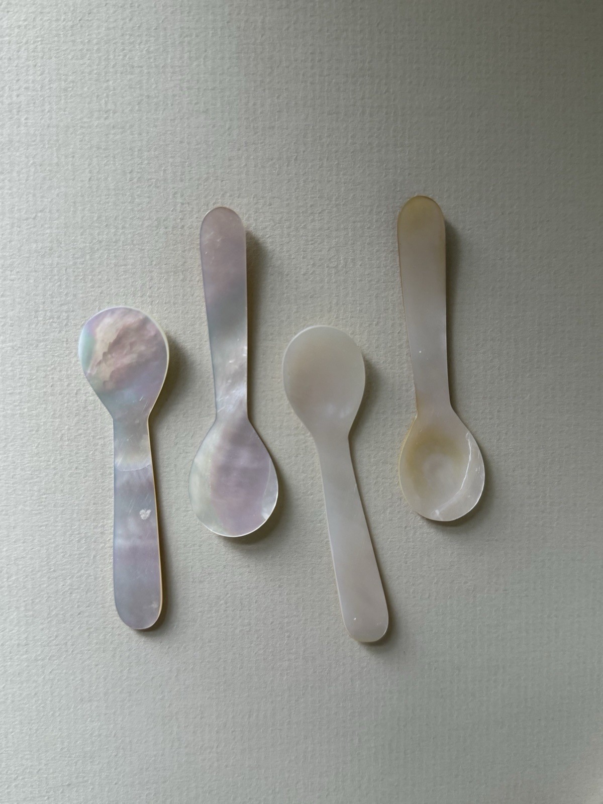 Set of 4 Antique Shell Open Salts with Mother of Pearl Spoons, Sterling Silver