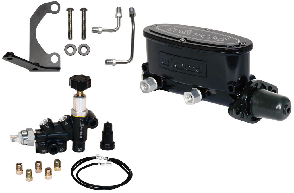 WILWOOD BLACK TANDEM MASTER CYLINDER,1 1/8",WITH COMBINATION PROPORTIONING VALVE