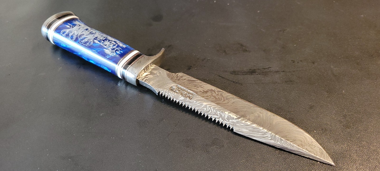 Impact Cutlery Custom Damascus Hunting Knife Engraved Blue Resin handle- 2399