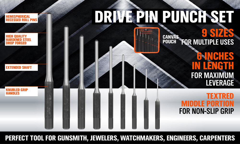 9pc Forged Steel Roll Pin Punch Set in Roll Up Case Rifle Gunsmithing Jewelers