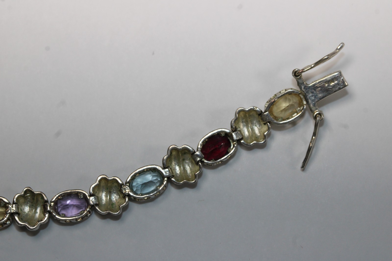 FAS Bracelet Multi Gemstone Tennis Vintage Sterling Silver 7" Chain #0085
