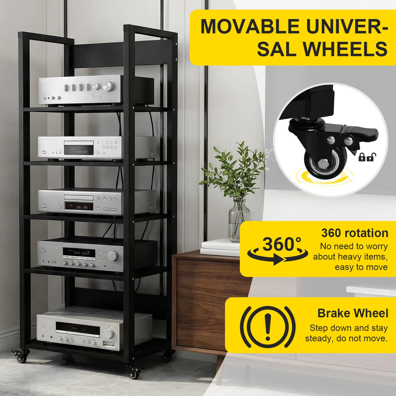 5-Tier AV Media Stand, Audio-Video Shelving with Wheels, Adjustable Media Consol