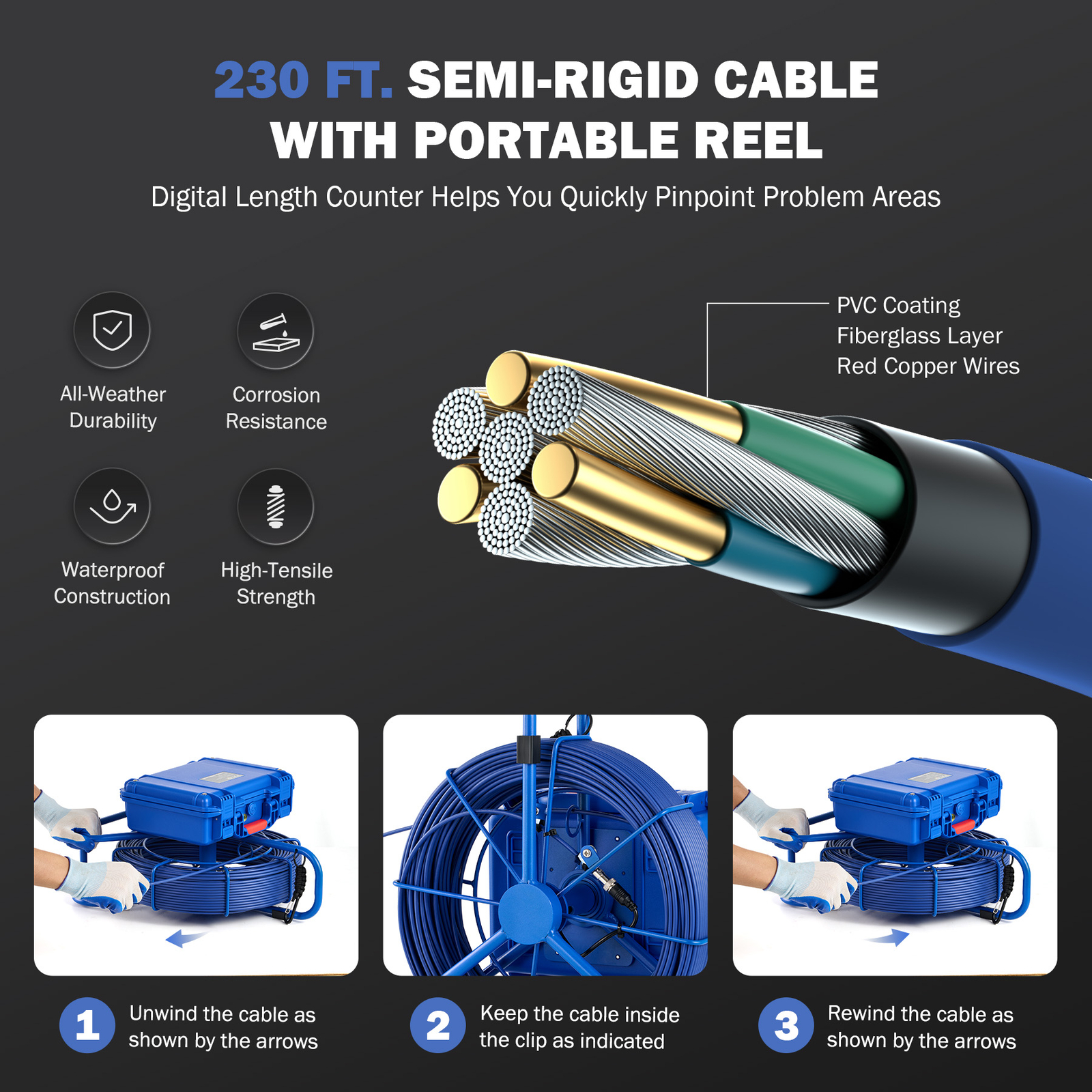 9" Self-Leveling Sewer Inspection Camera 512Hz 230ft/70m Digital Length Counter