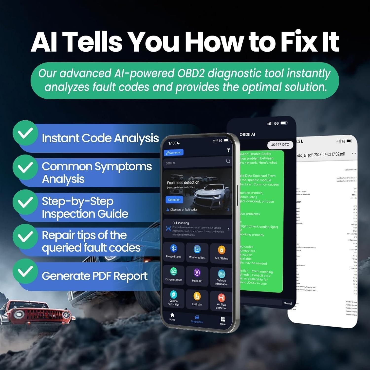 Bluetooth OBD2 Scanner Diagnostic Tool with AI Repair Guides Wireless w/Free APP