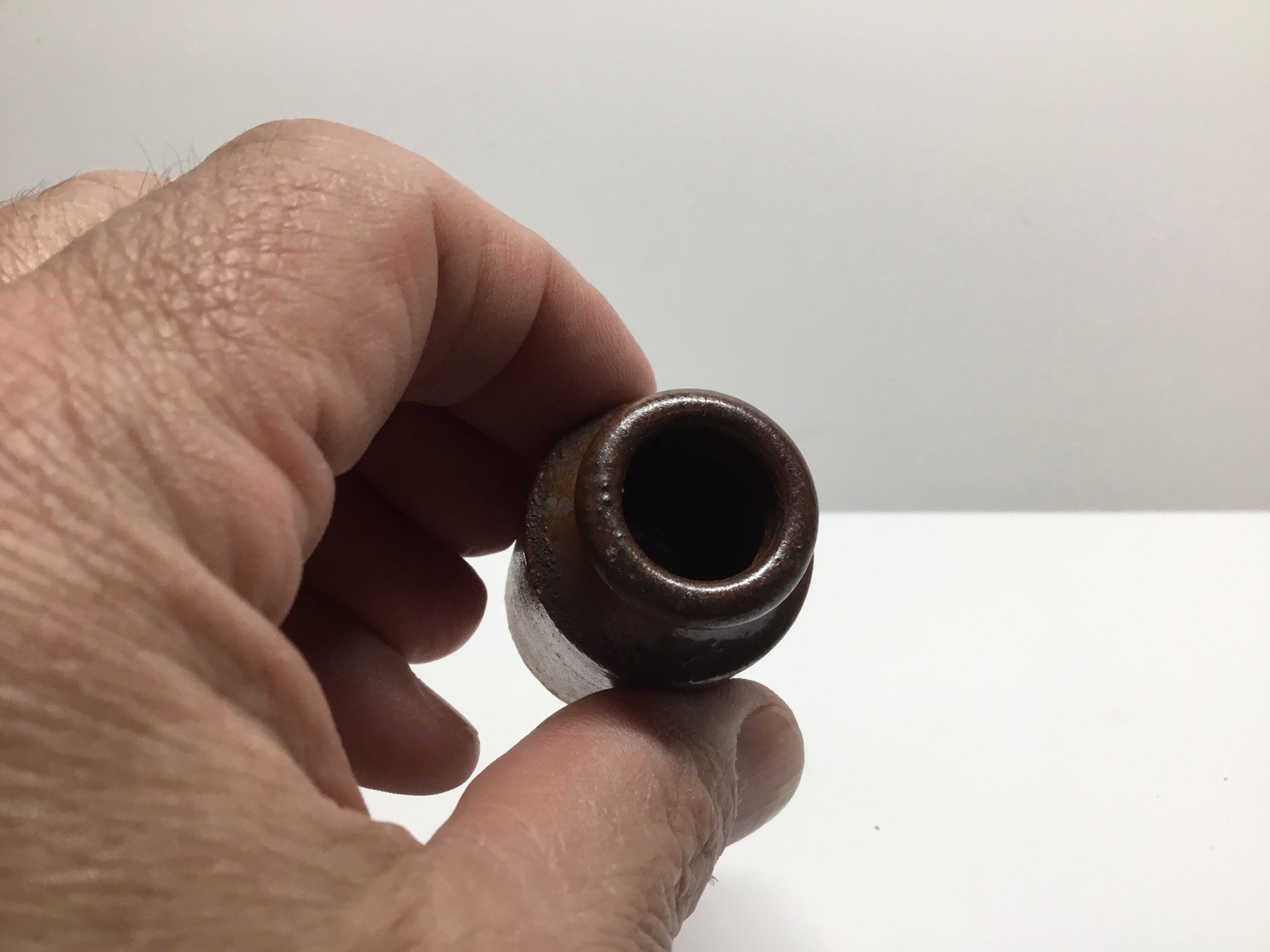 Tiny Antique Stoneware Ink Bottle 1 3/4 Inches Tall.