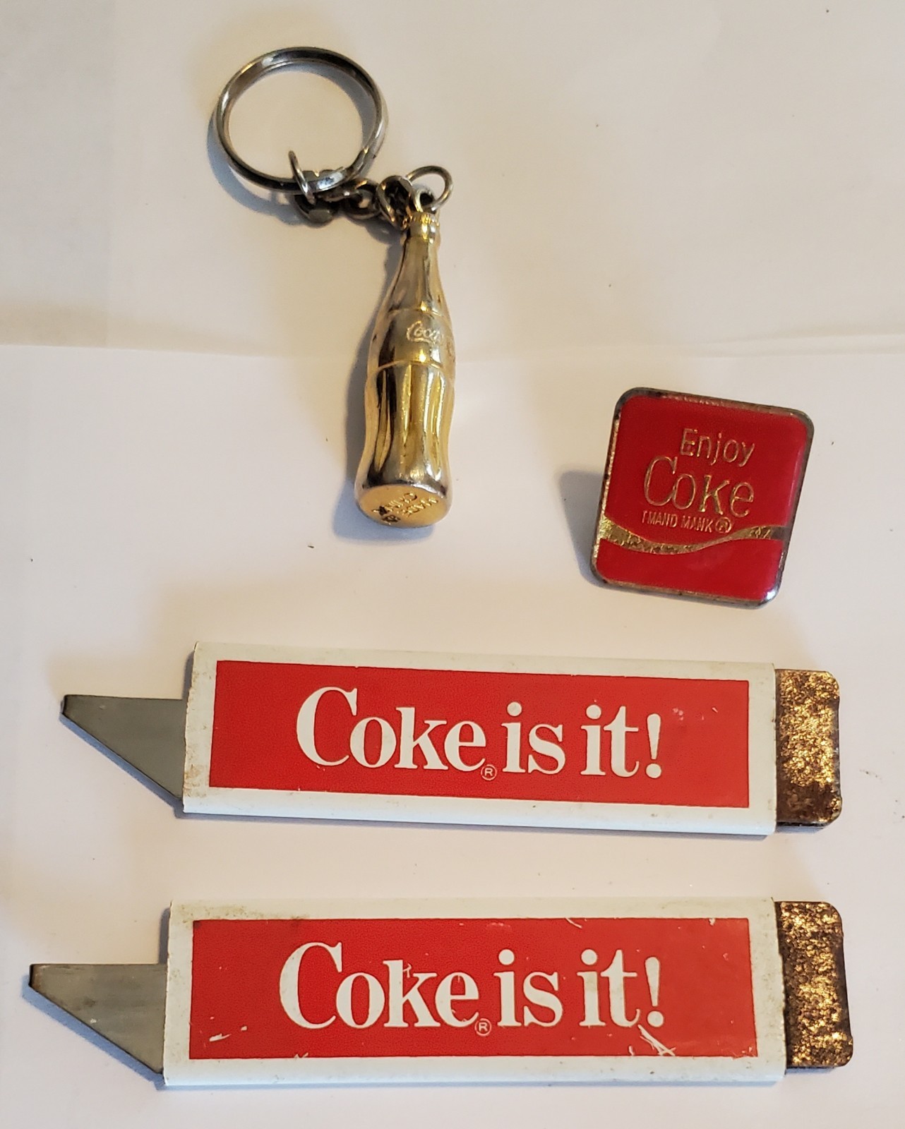 Coca-Cola Vintage "Coke Is It!" Box Cutters, Vintage Enjoy Coke Pin, & Keychain!