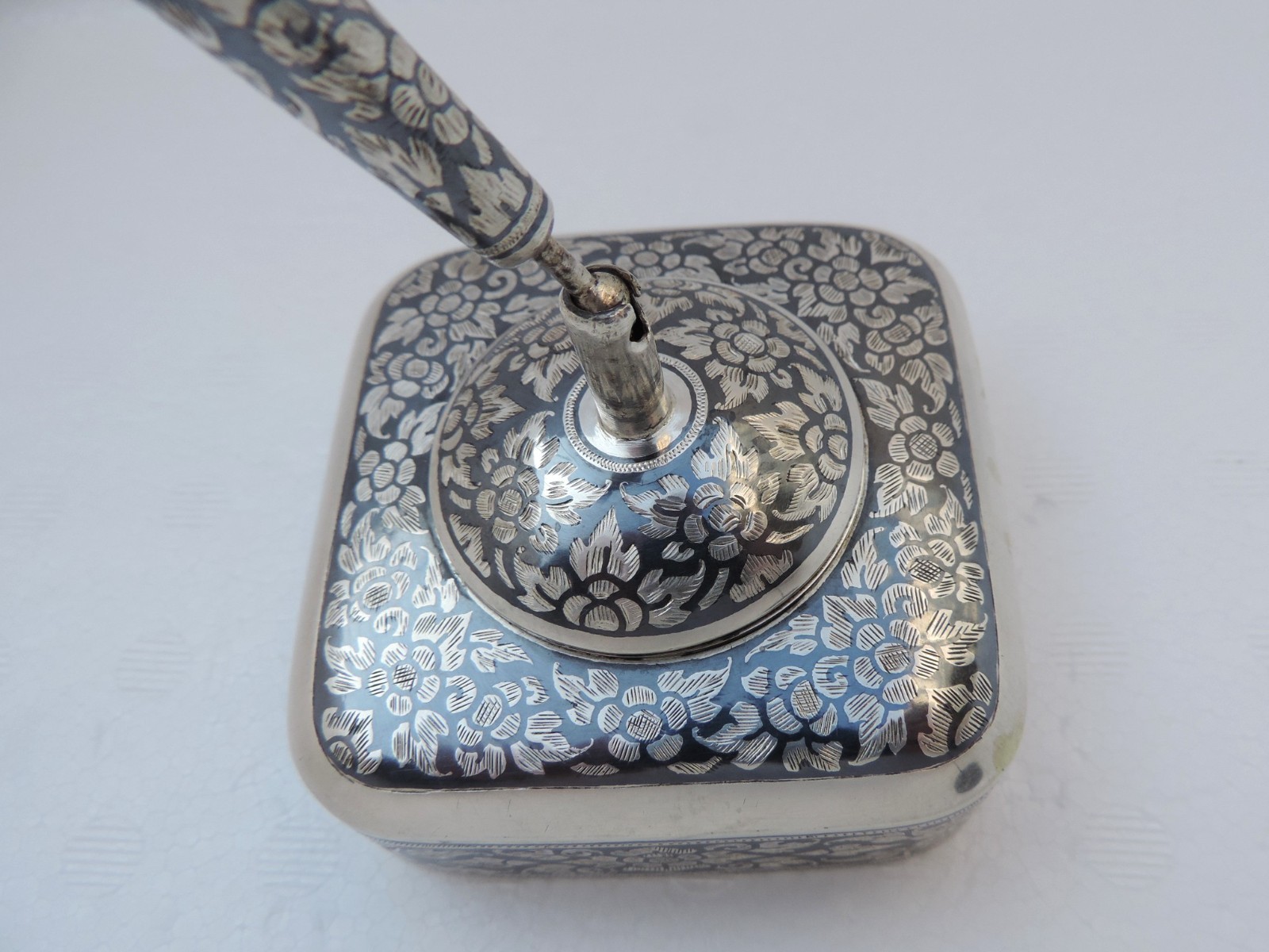 Thai Nakon Siam Sterling Silver Niello Pen Pencil Holder box Desktop Stand 205g