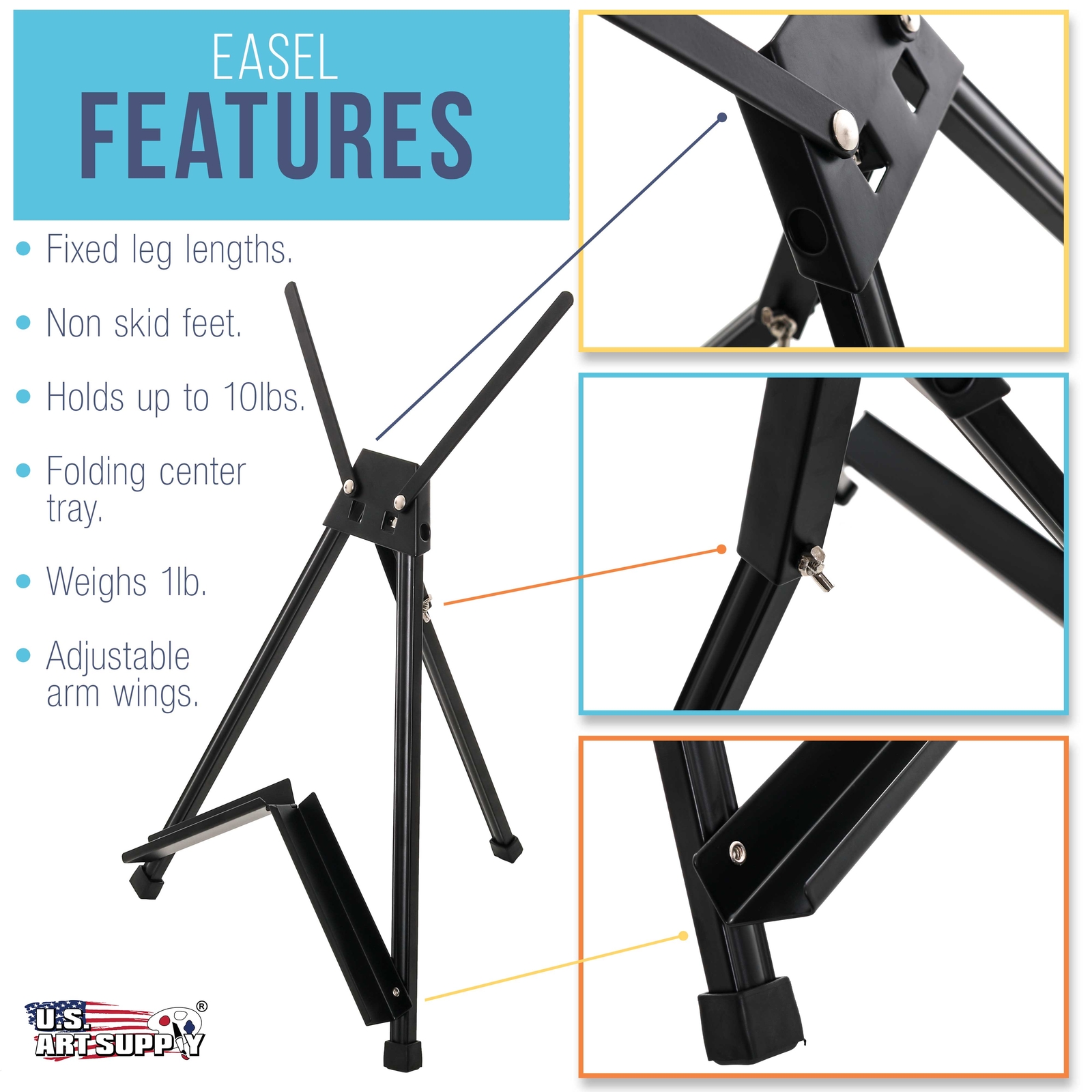 15" to 21" Black Aluminum Tabletop Display Easel with Arms, Artist Tripod Stand