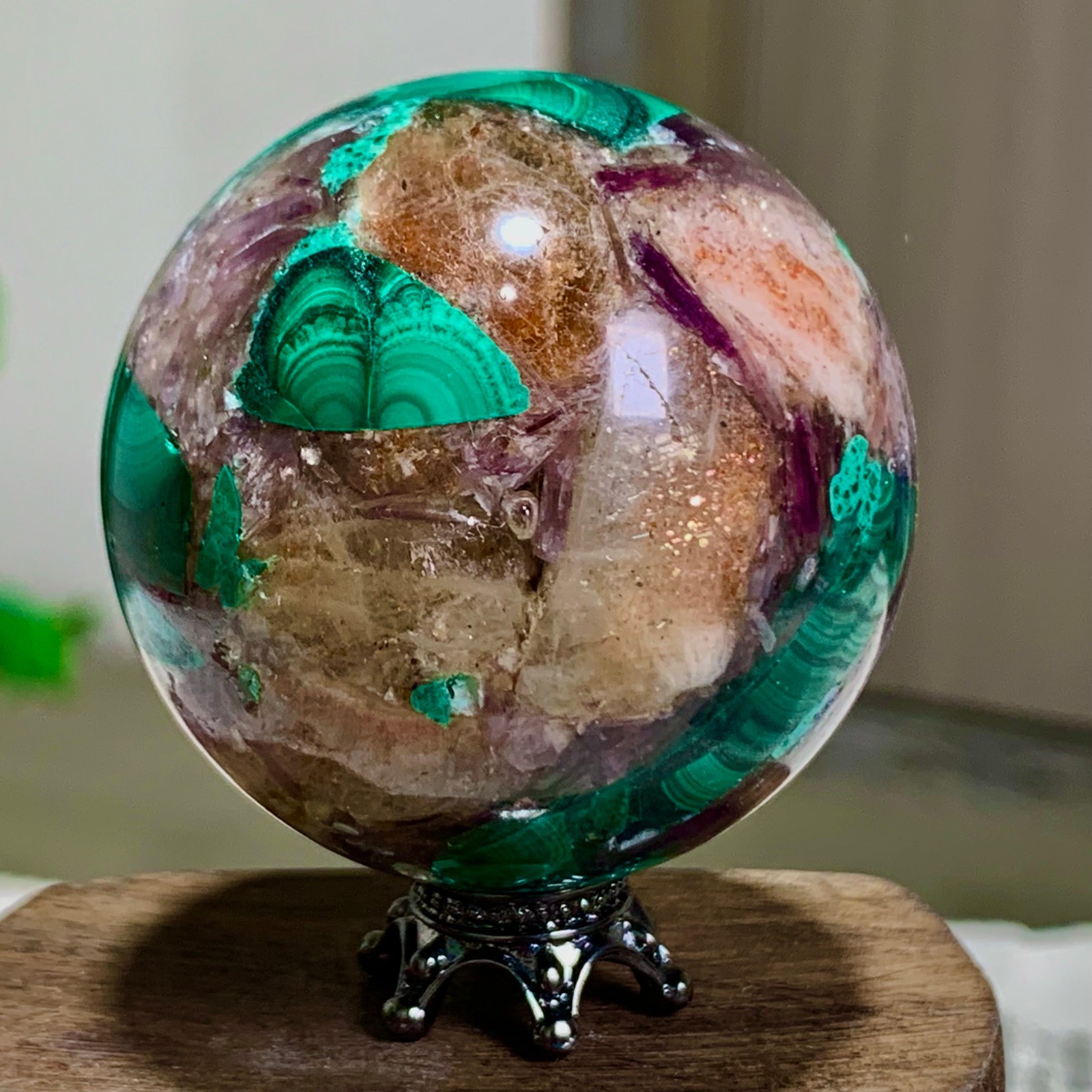 102G Newly discovered rare malachite purple mica symbiotic sphere restoration