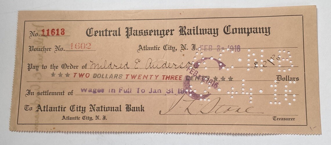 Antique 1916 Central Passenger Railway Co Pay Check Atlantic City New Jersey NJ