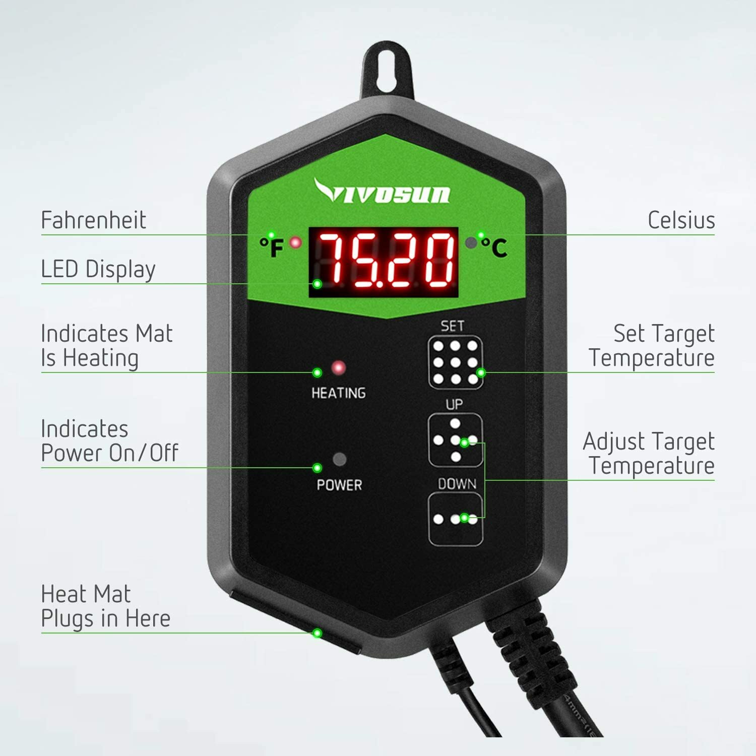 VIVOSUN Digital Heat Mat Thermostat Temperature Controller 40–108 ºF for Seed