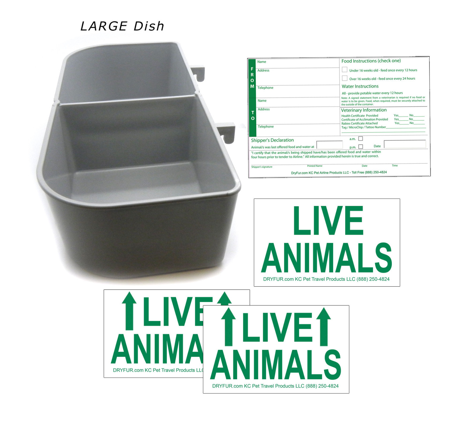 Standard Airline Kennel Travel Kit - LARGE Food Water Tray - Live Animal Labels