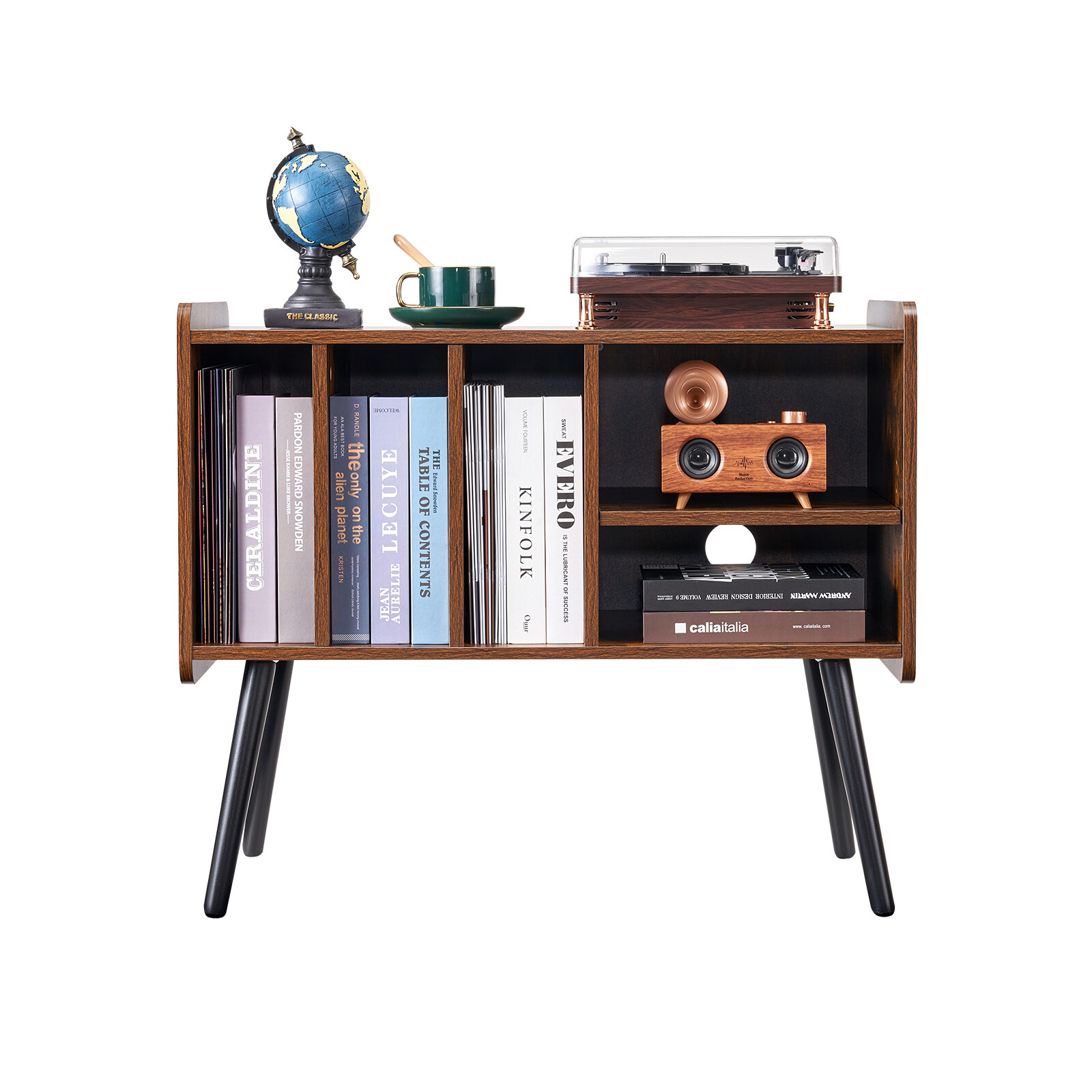 Record Player Stand 2 Tiers Wooden Turntable Stand with 3 Cabinets Brown