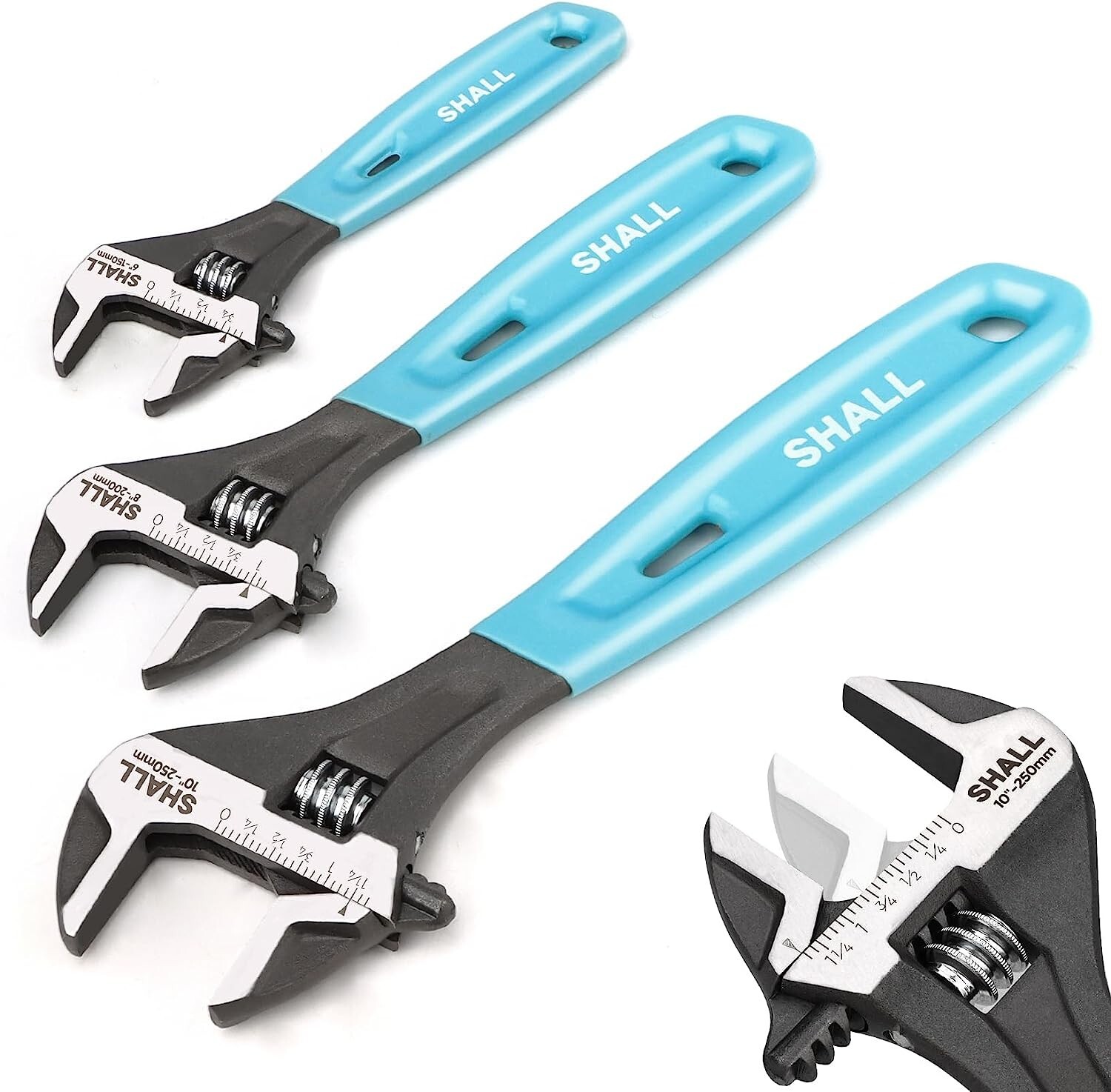 SHALL 3 Pc Adjustable Wrench Set,10/8/6 Inch Cr-V Steel Wrench with Cushion Grip