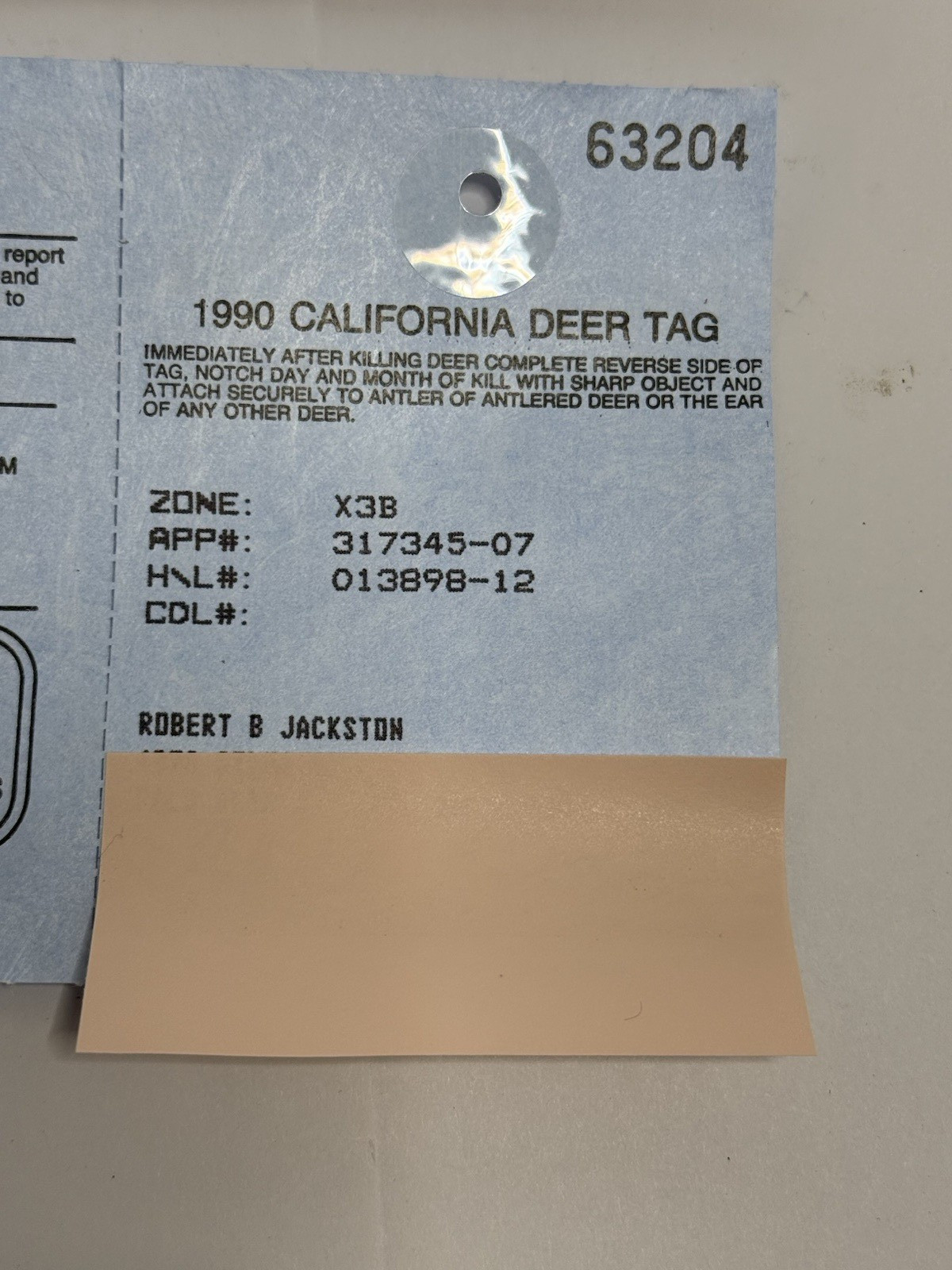 Vintage 1990 California Mule Deer Hunting Tag / Permit Unpunched Unit X3B