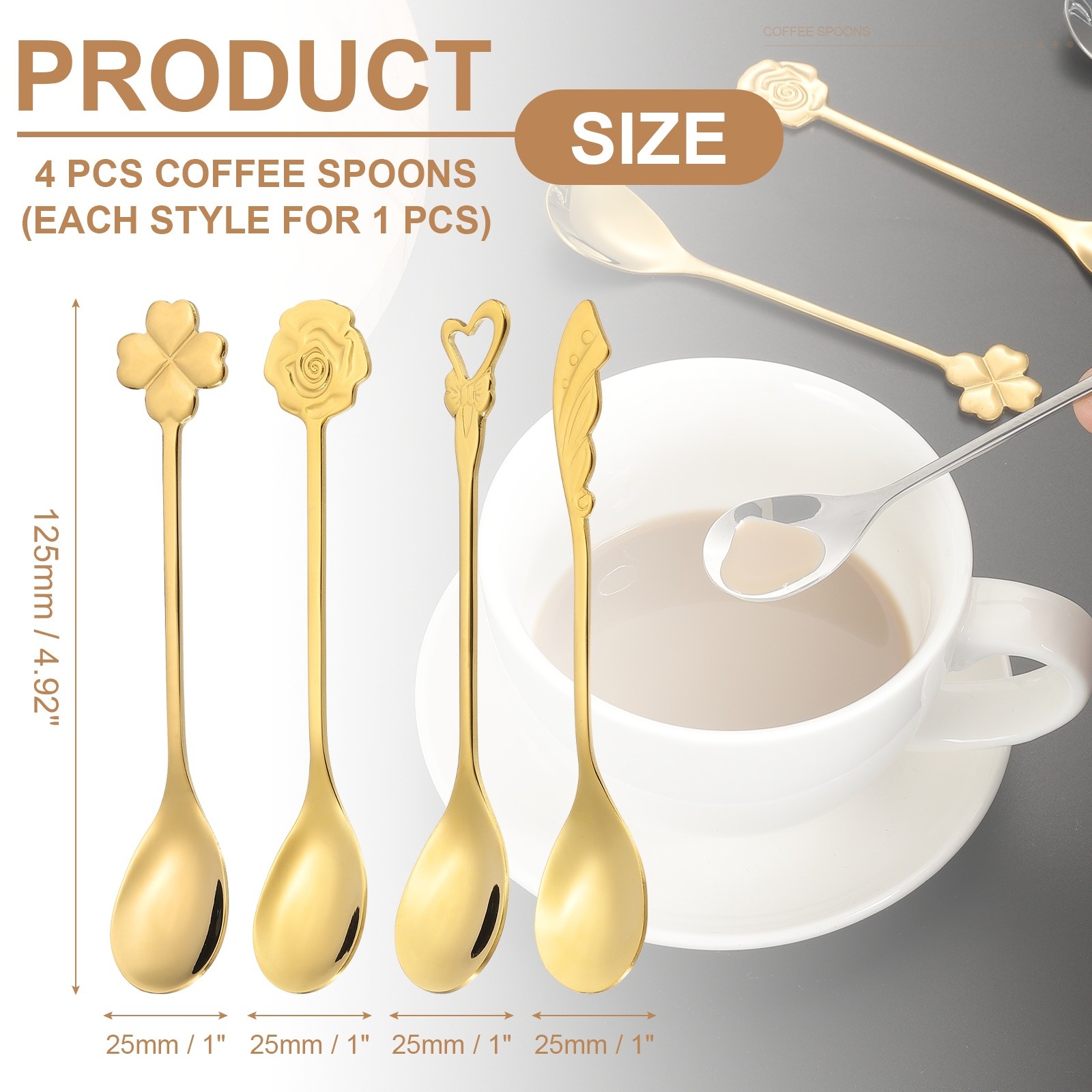 4pcs Coffee Spoons, 4 Shapes Tea Spoons Stainless Steel, Gold
