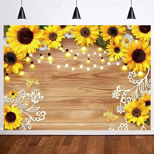 Yongqian 7x5ft Rustic Sunflower Photography Backdrop Farmhouse Floral Wooden