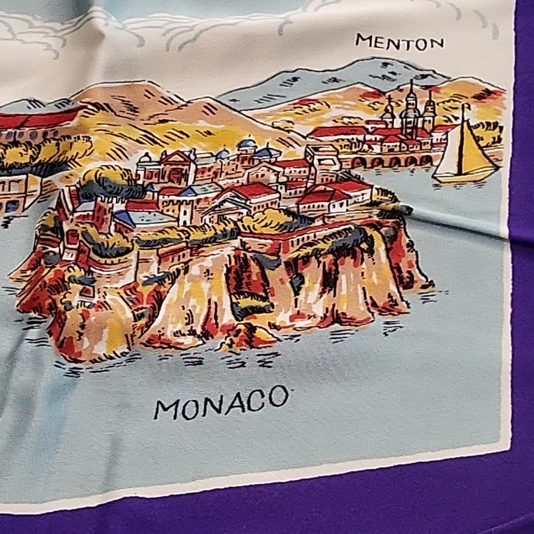 Vtg 50s/60s Côte d'Azur Silk Souvenir Scarf - French Riviera Map Mermaid 30"