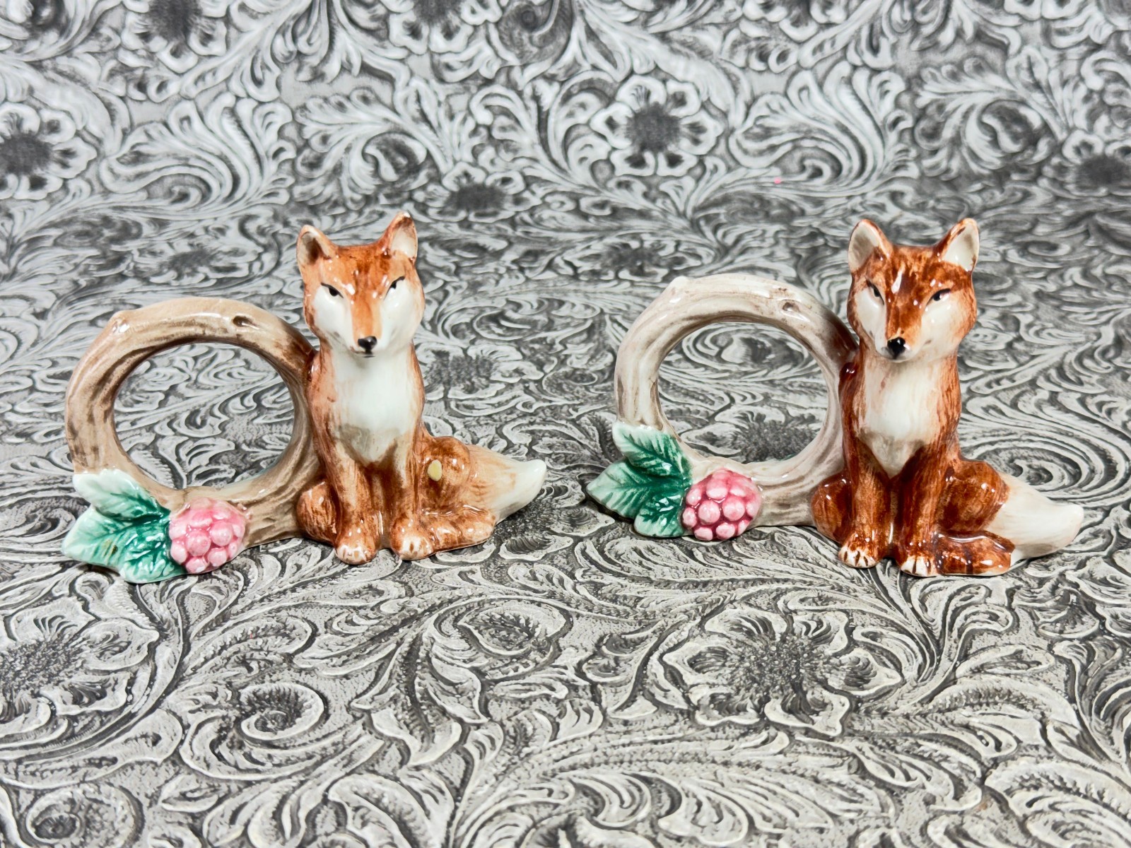 Vintage Fitz & Floyd Reynard The Fox Napkin Rings 1990 Woodland FF Christmas