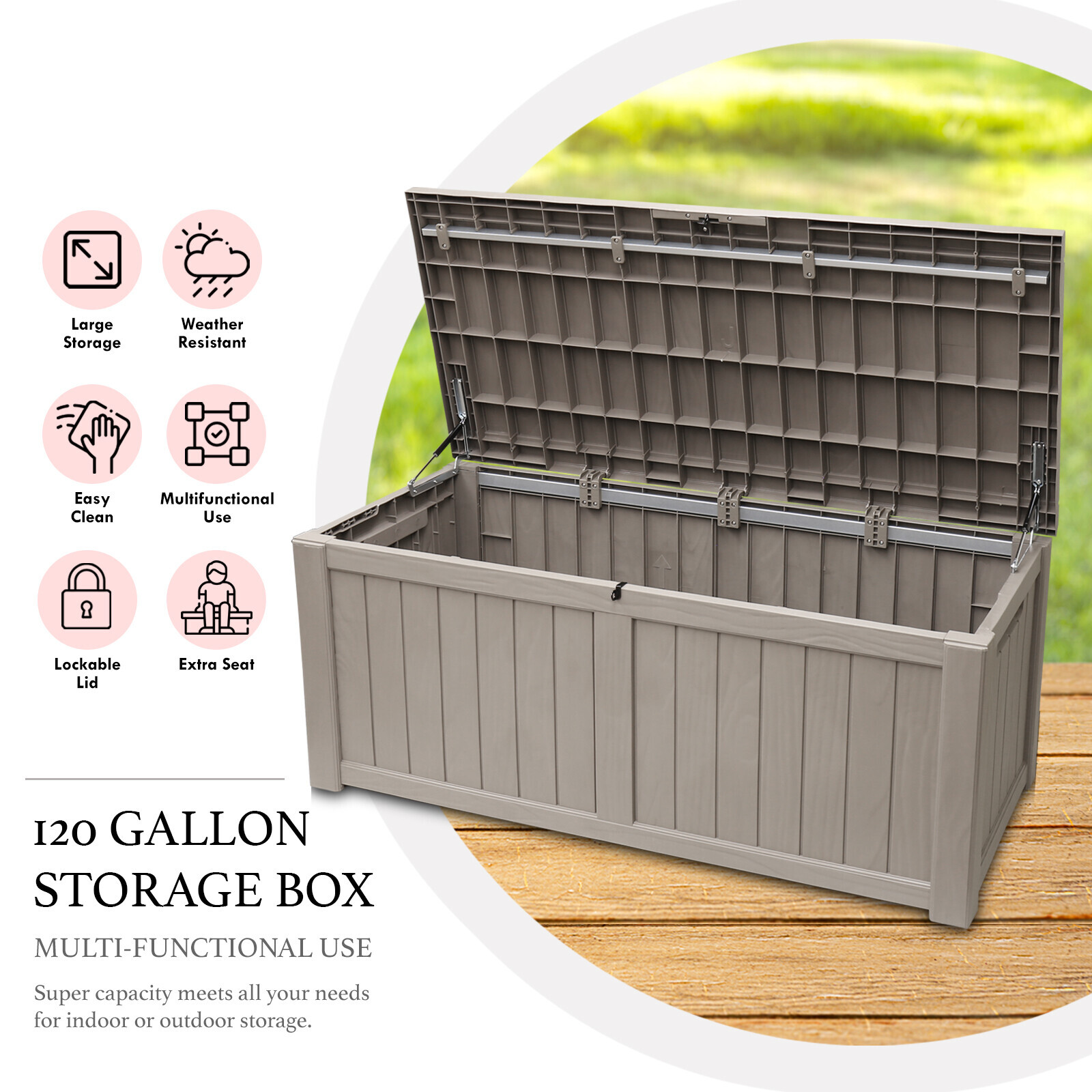 120 Gallon Deck Box Storage Outdoor Patio Chest Organizer Furniture Garden Bench