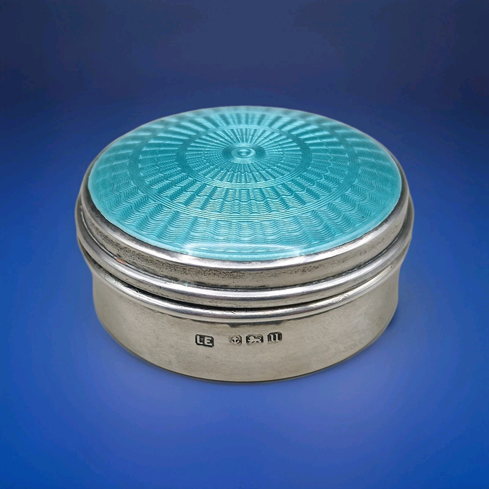 Antique Sterling Silver & Guilloché Enamel Circular Box by Lawrence Emanuel 1919