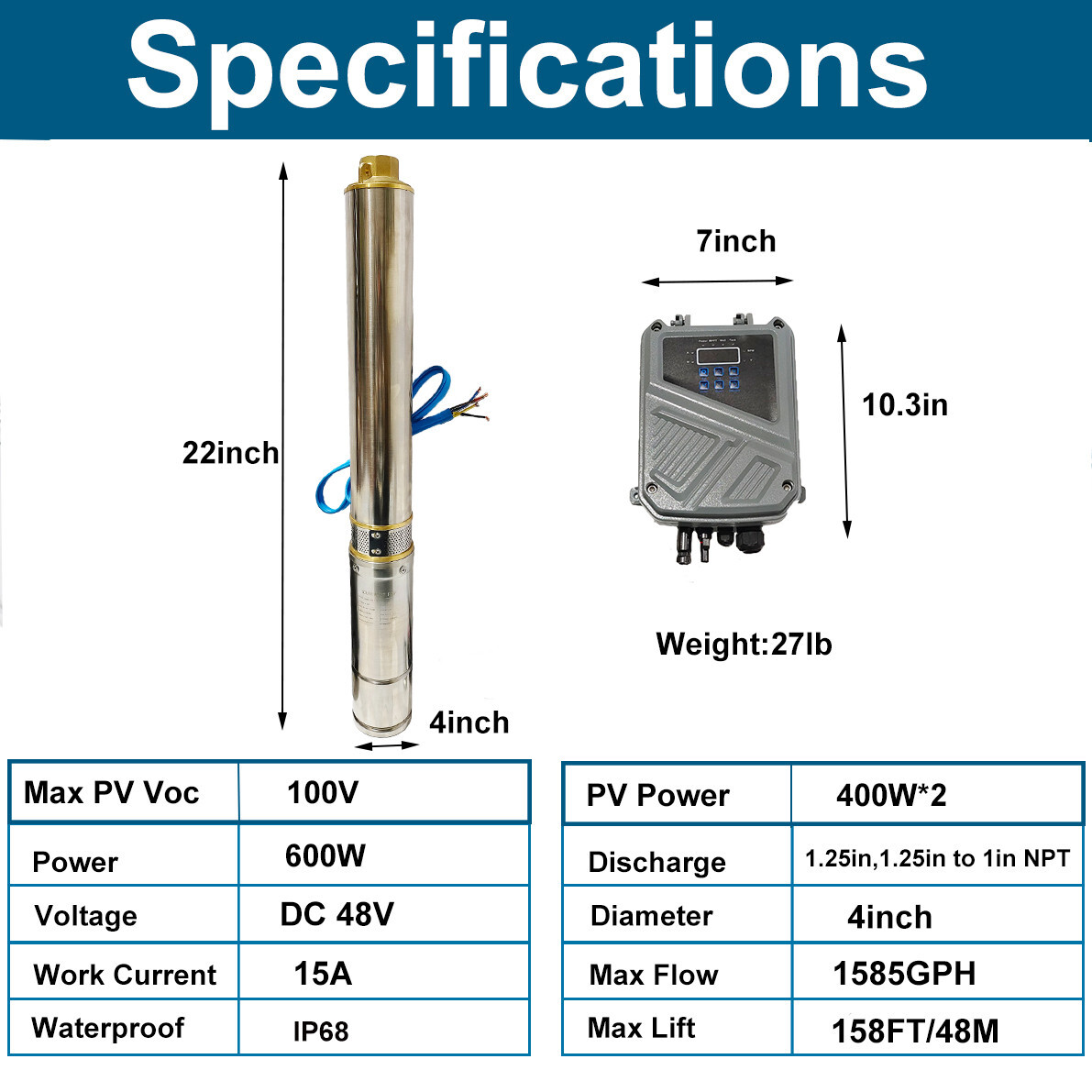DC 48V 4in Solar Pump Submersible Pump Bore Deep Well Pump+MPPT Controller 600W