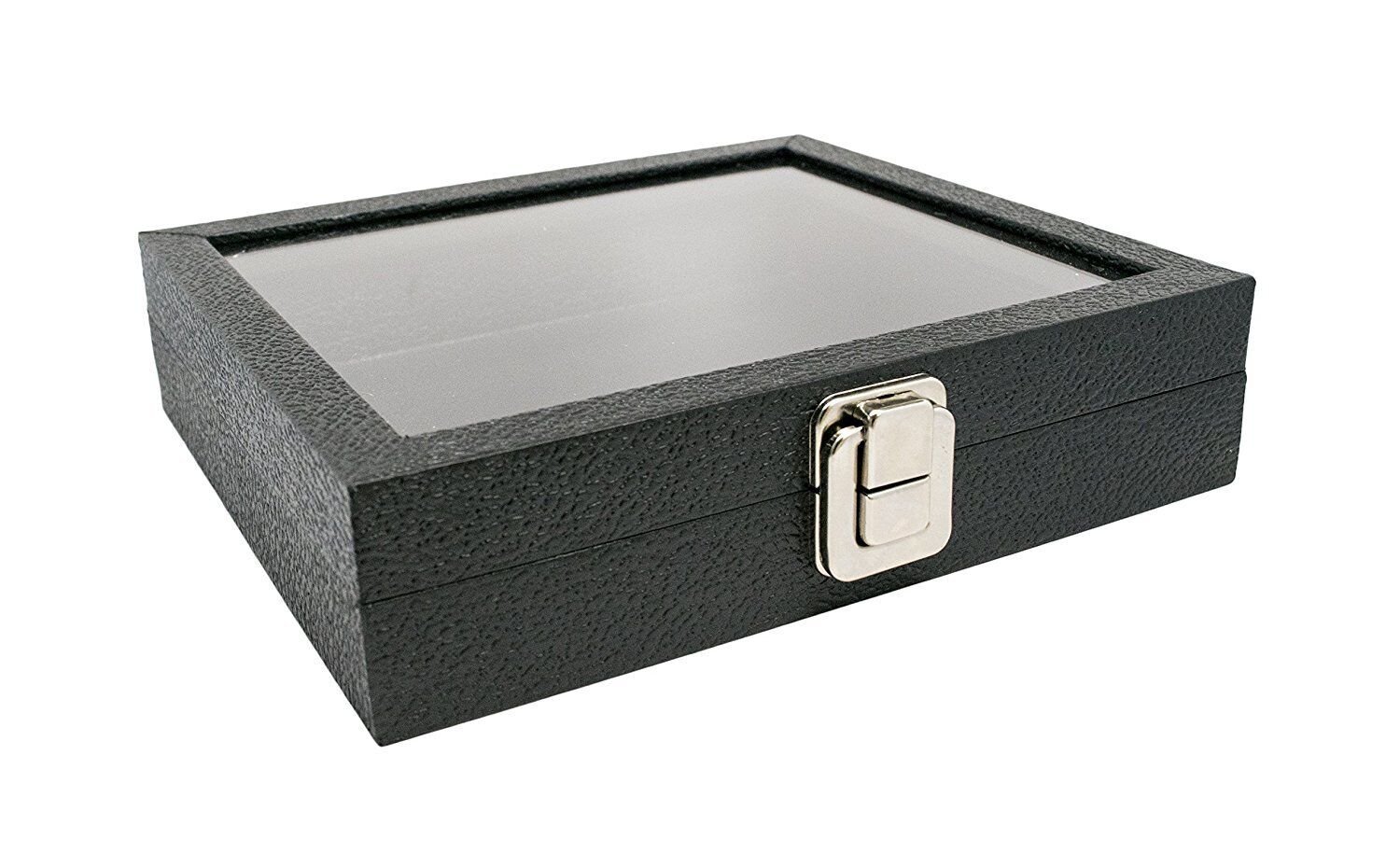 Novel Box Glass Top Black Leatherette Metal Clasp Jewelry Gem Display Case