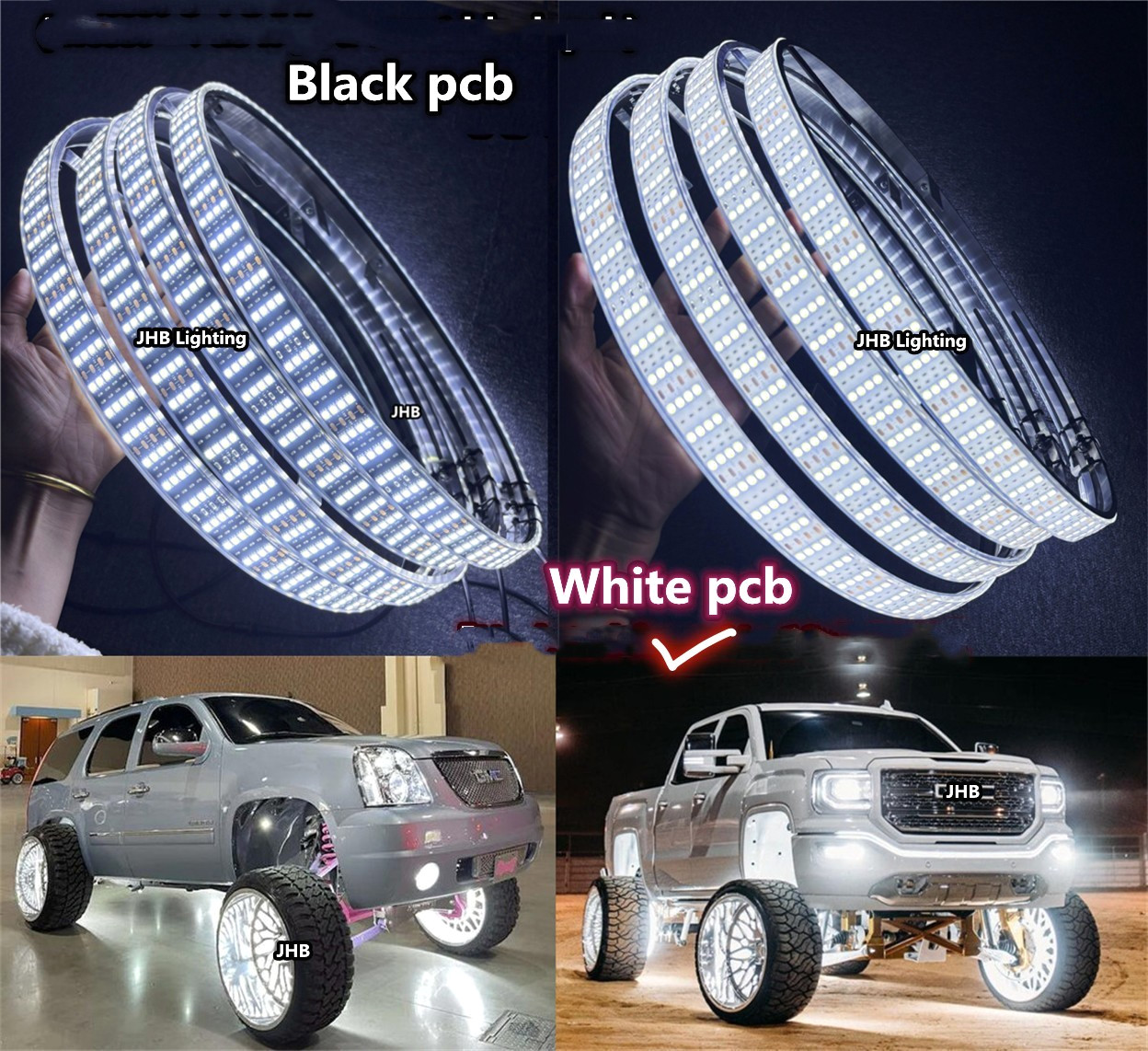 【】JHB 17.5" QUAD ROW PURE WHITE LED Strobes Car Truck Wheel Ring Rim Lights Set