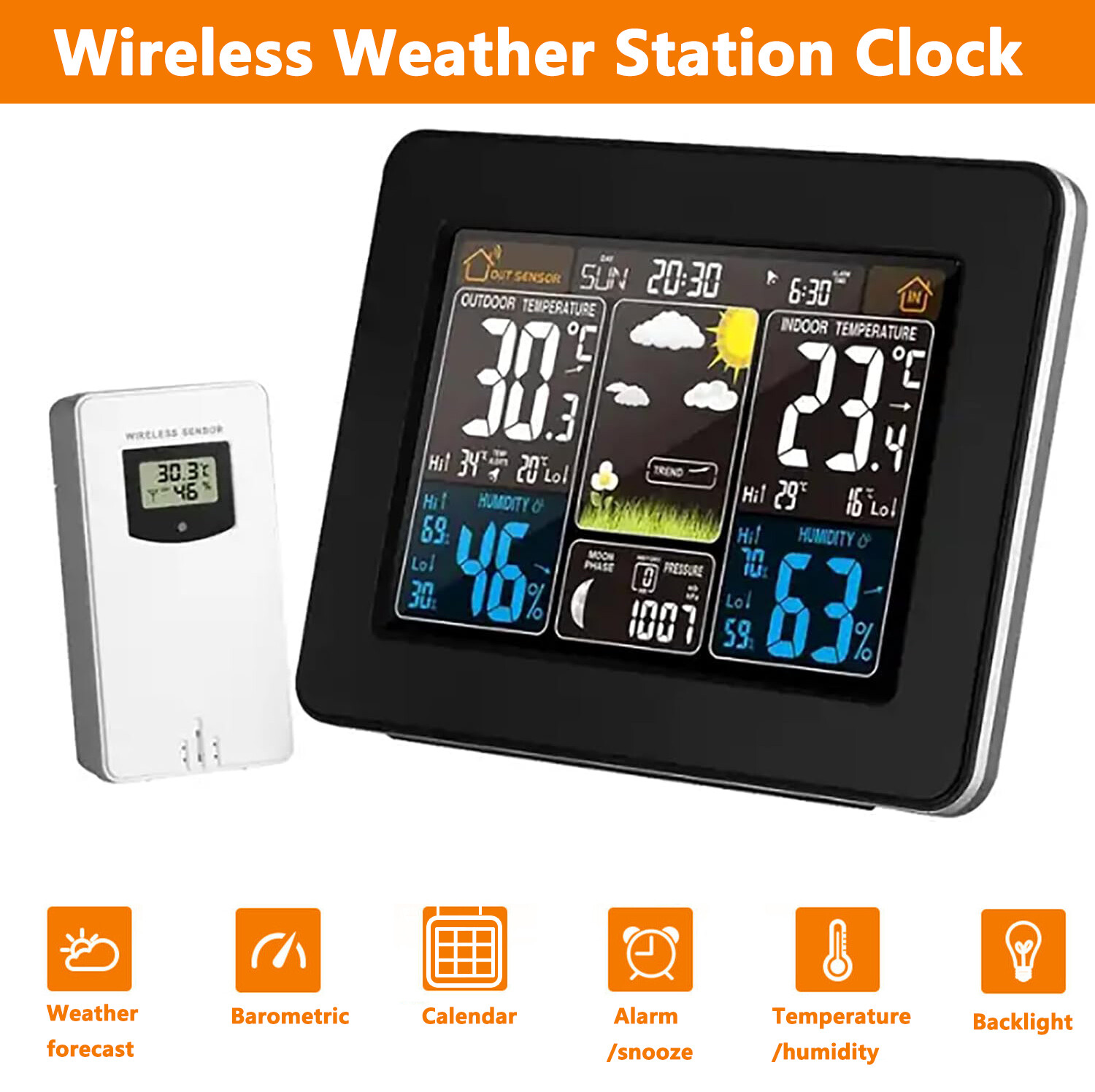 Digital LCD Indoor Outdoor Wireless Weather Station Clock Calendar Thermometer