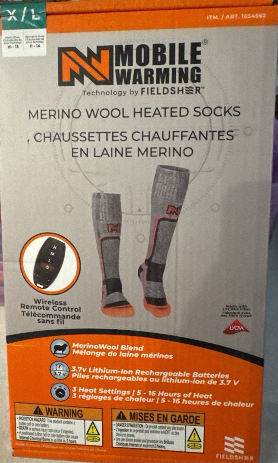 Mobile Warming Merino Wool Heated Socks Size XL with Wireless Remote Unisex