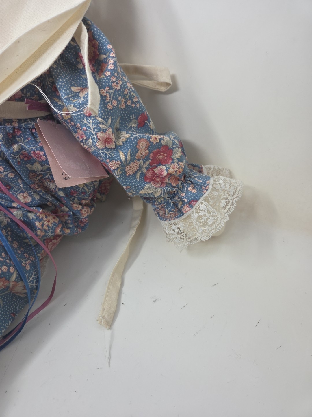 Vintage Handmade 19” Easter Bunny Rabbit Doll Flowers Floral Lace Dress & Apron