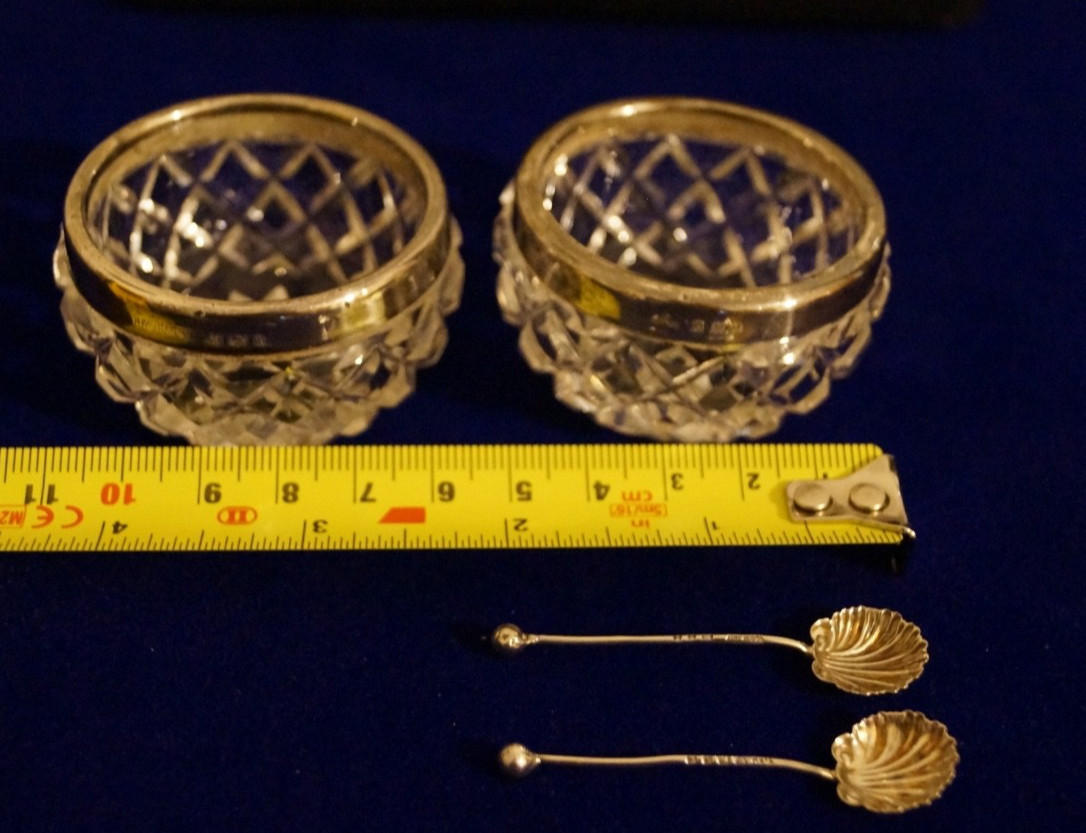 Antique pair of sterling silver and cut glass salts with spoons - Complete Set