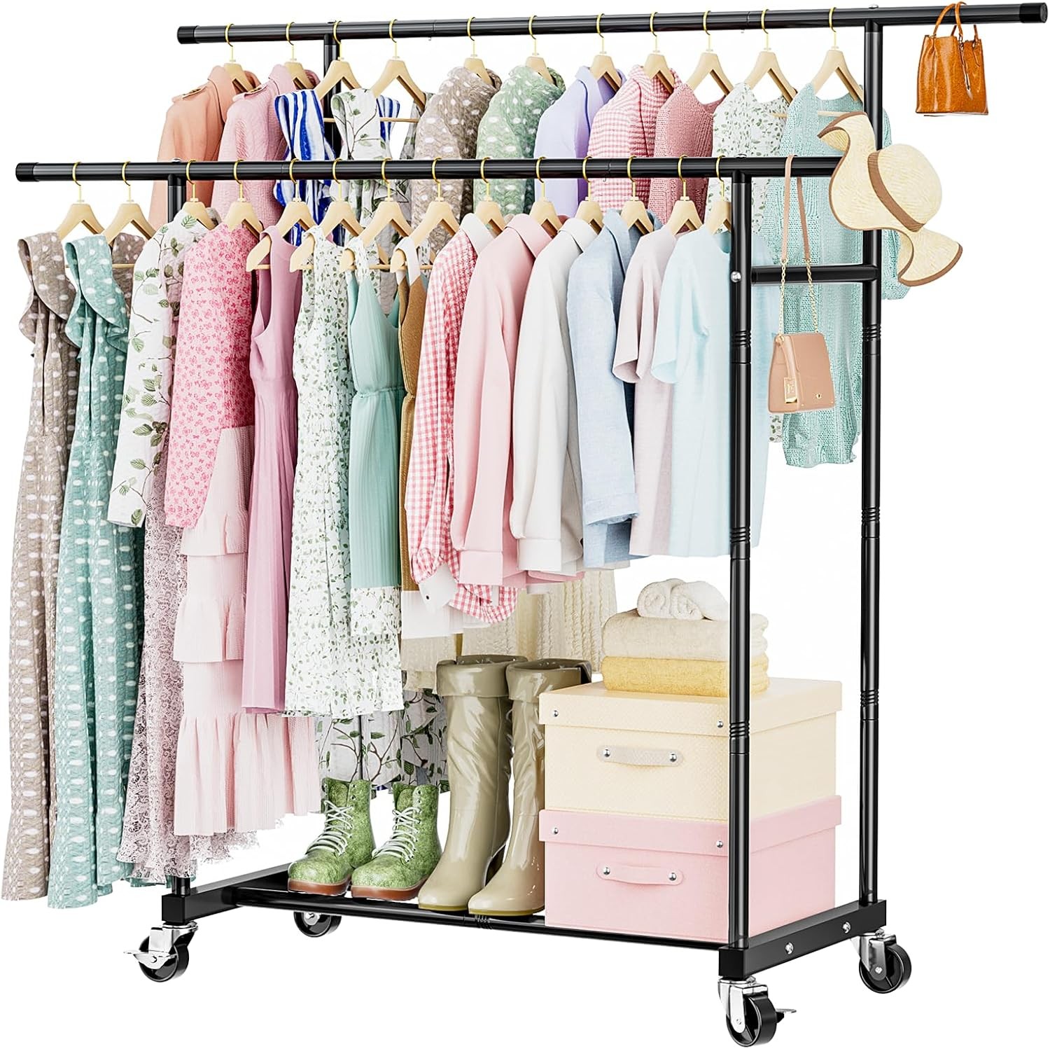 Abiglifty Double-Rods Clothes Rack for Hanging Clothes Clothing Rack with Wheels
