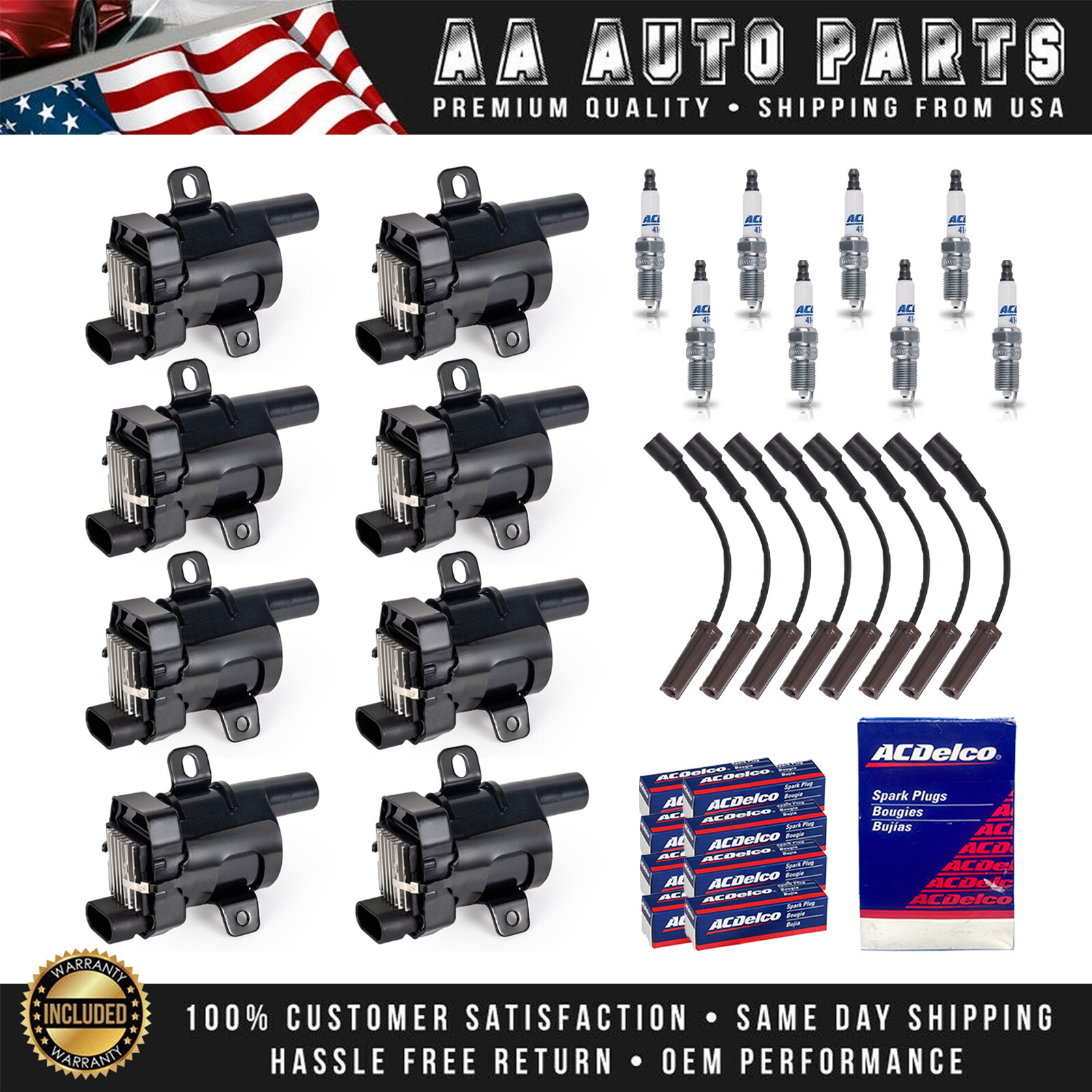 8PCS Round Ignition Coil & Wires & 8 ACDelco Spark Plug for Chevrolet GMC UF262
