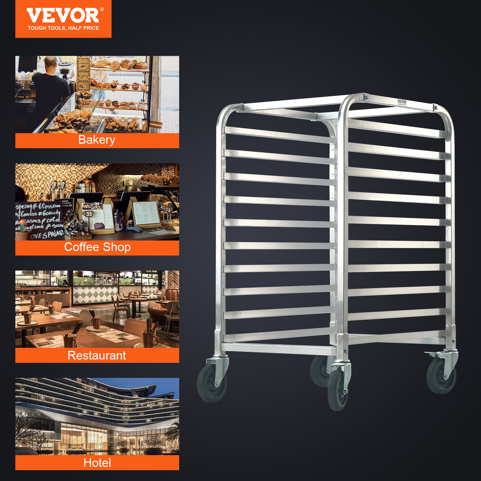 VEVOR 10 Sheet Commercial Bun Pan Rack Kitchen Aluminum Baking Racks Brake Wheel