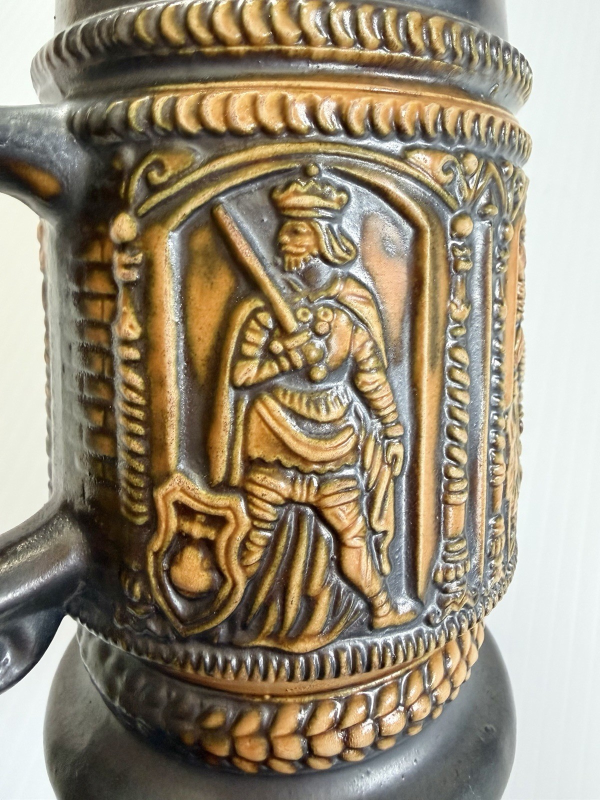 Vintage German Tankard Mug Beer Stein Brown/Orange Medieval Figures In Relief