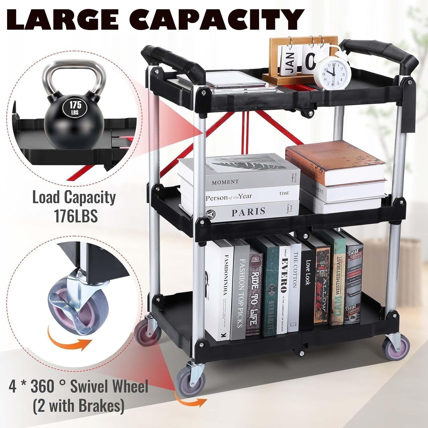 Portable Folding Service Cart 3 Tier Utility Trolley w/ 360 Swivel Wheels