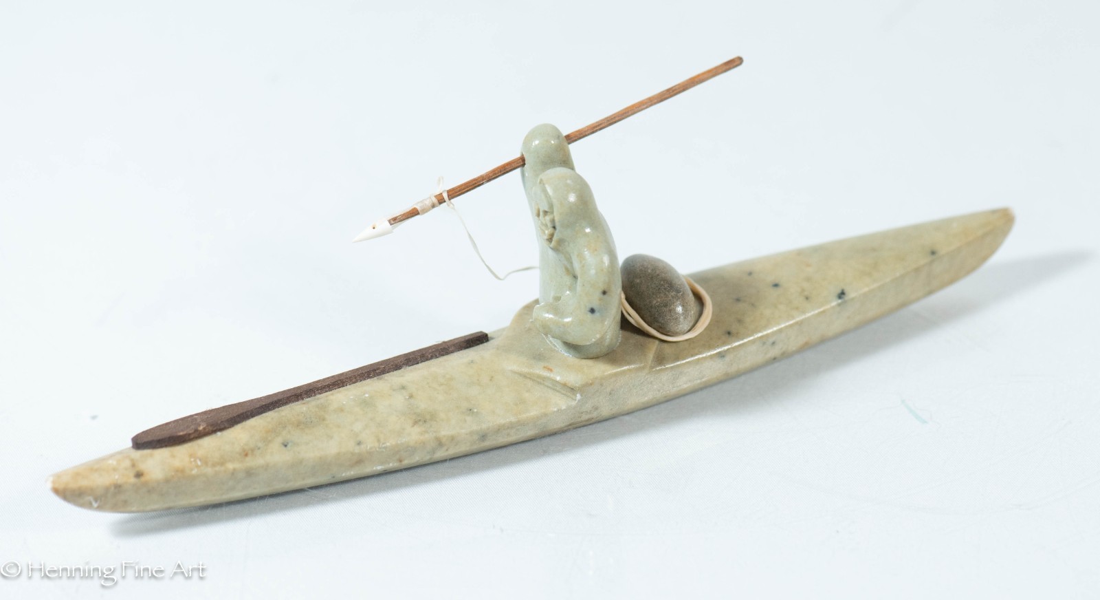 Beautiful Eskimo Carving of Spear Fisher in Kayak by Chuck Poupart, Lovely!