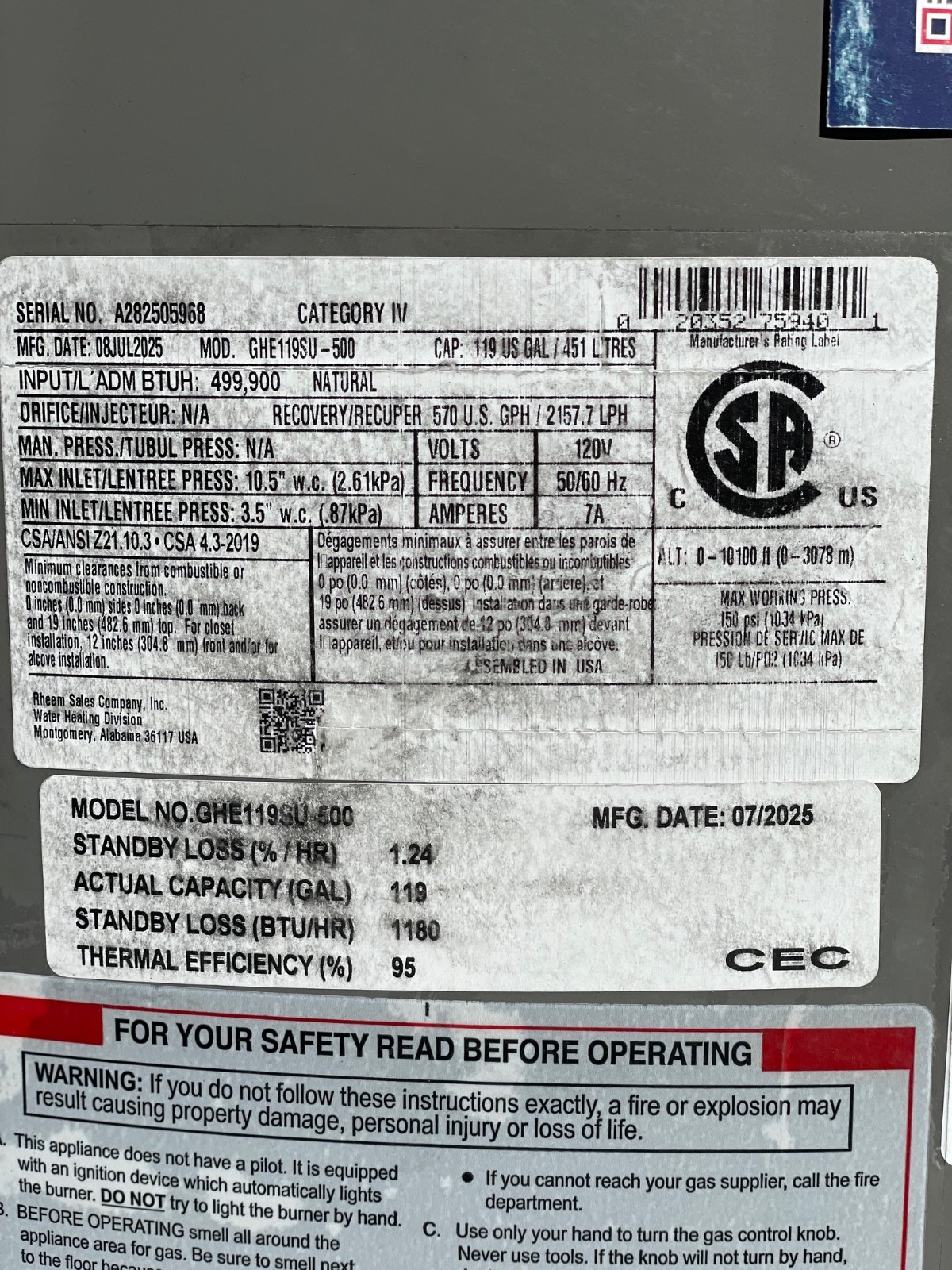 NEW Rheem GHE119SU-500 NG Triton Super Duty 119 Gallon Commercial Water Heater