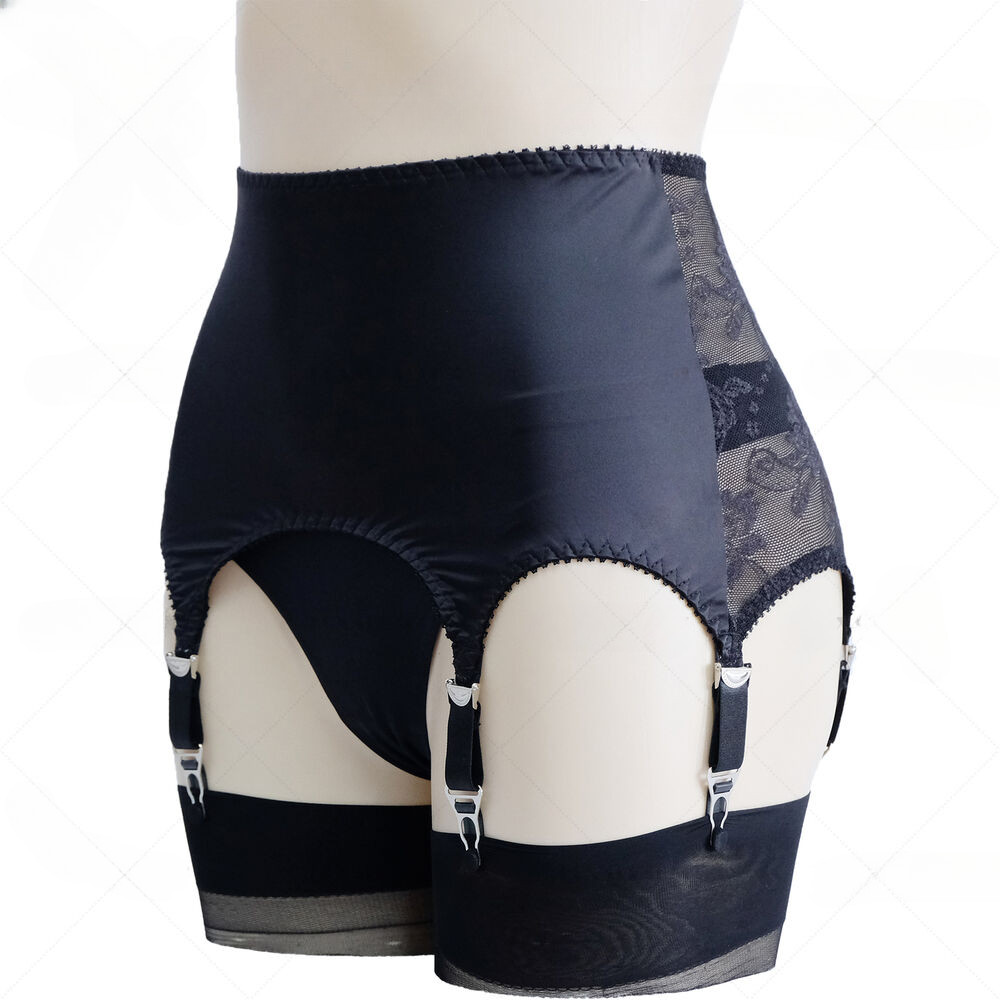 US Women Vintage Shiny Satin Lace Patchwork Garter Belt W/ 6 Straps Waist Girdle