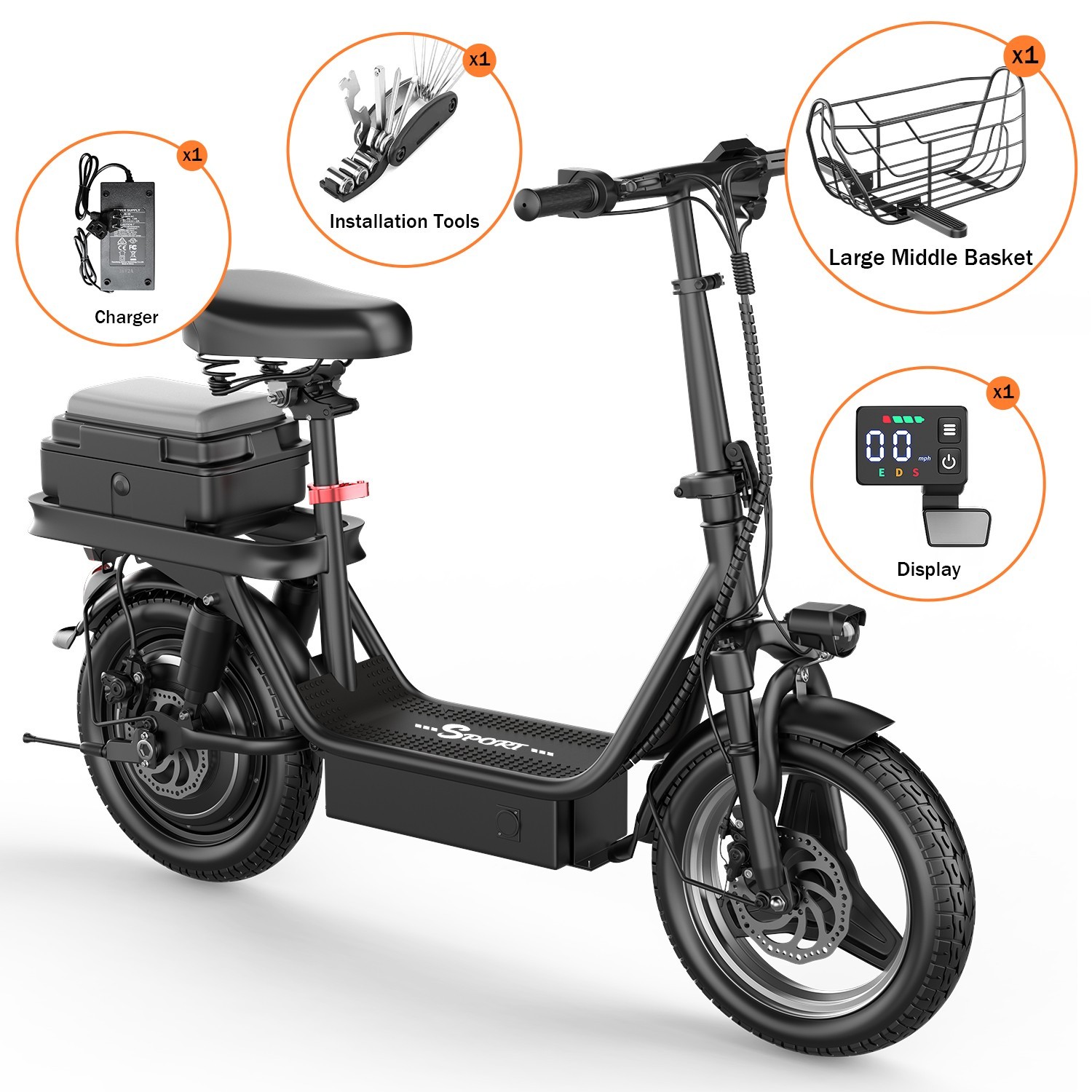 Electric Scooter with Seat 1500W 30MPH 45 Miles Range14" Tire with Basket US