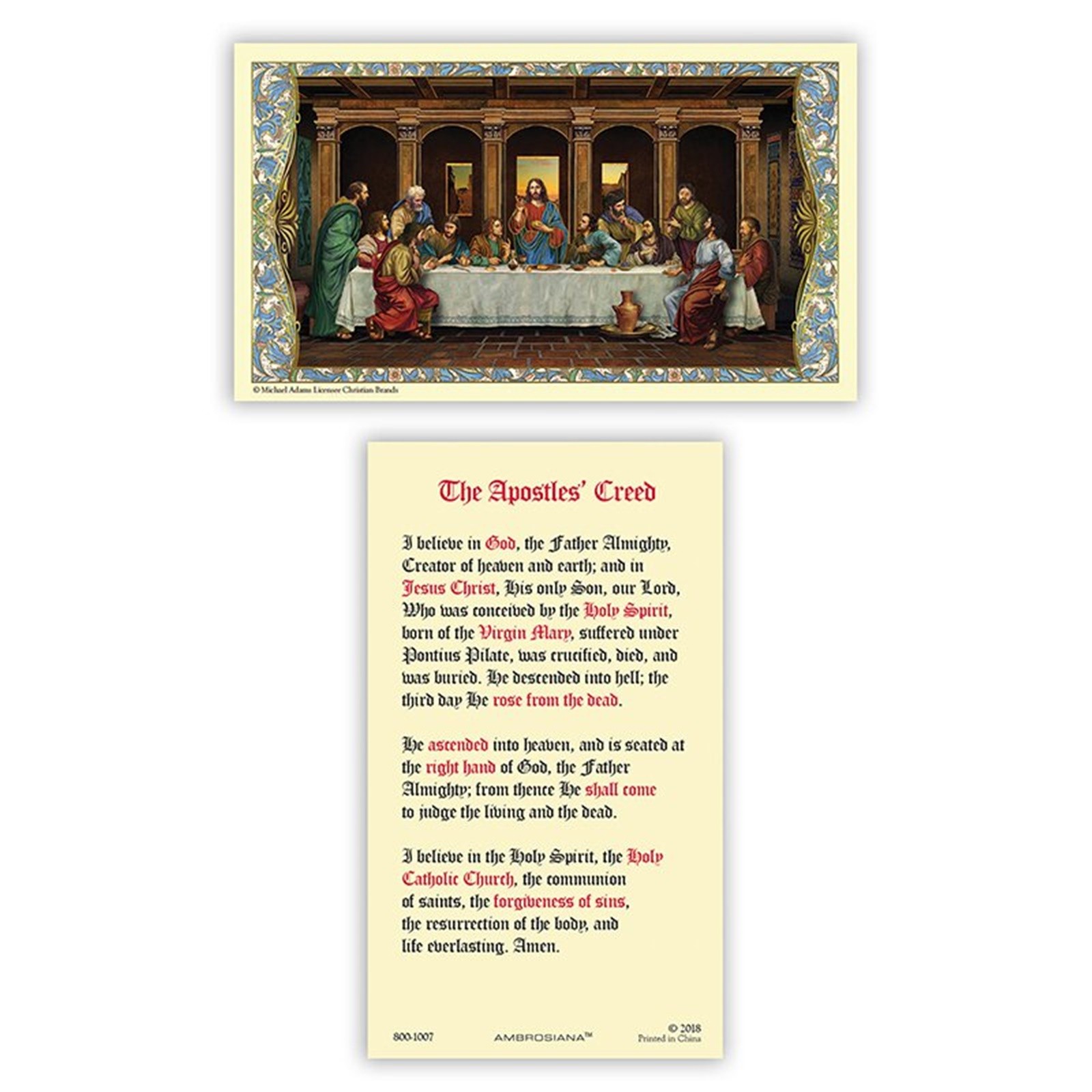The Apostle's Creed Prayer Laminated Holy Card Catholic Last Supper