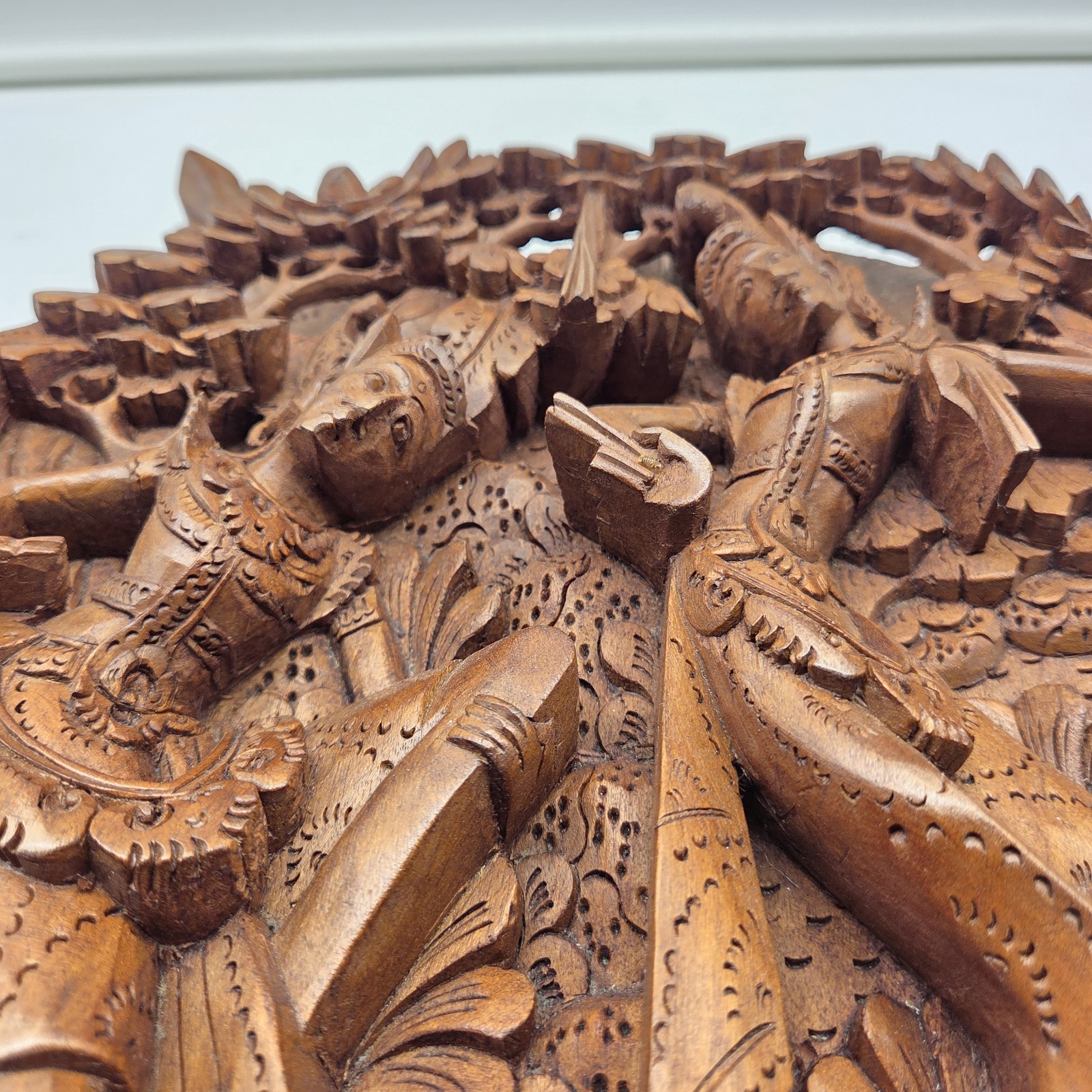 Balinese Bali Hand Carved Wood Relief Wall Art Dancers Floral 12"x11" Vintage