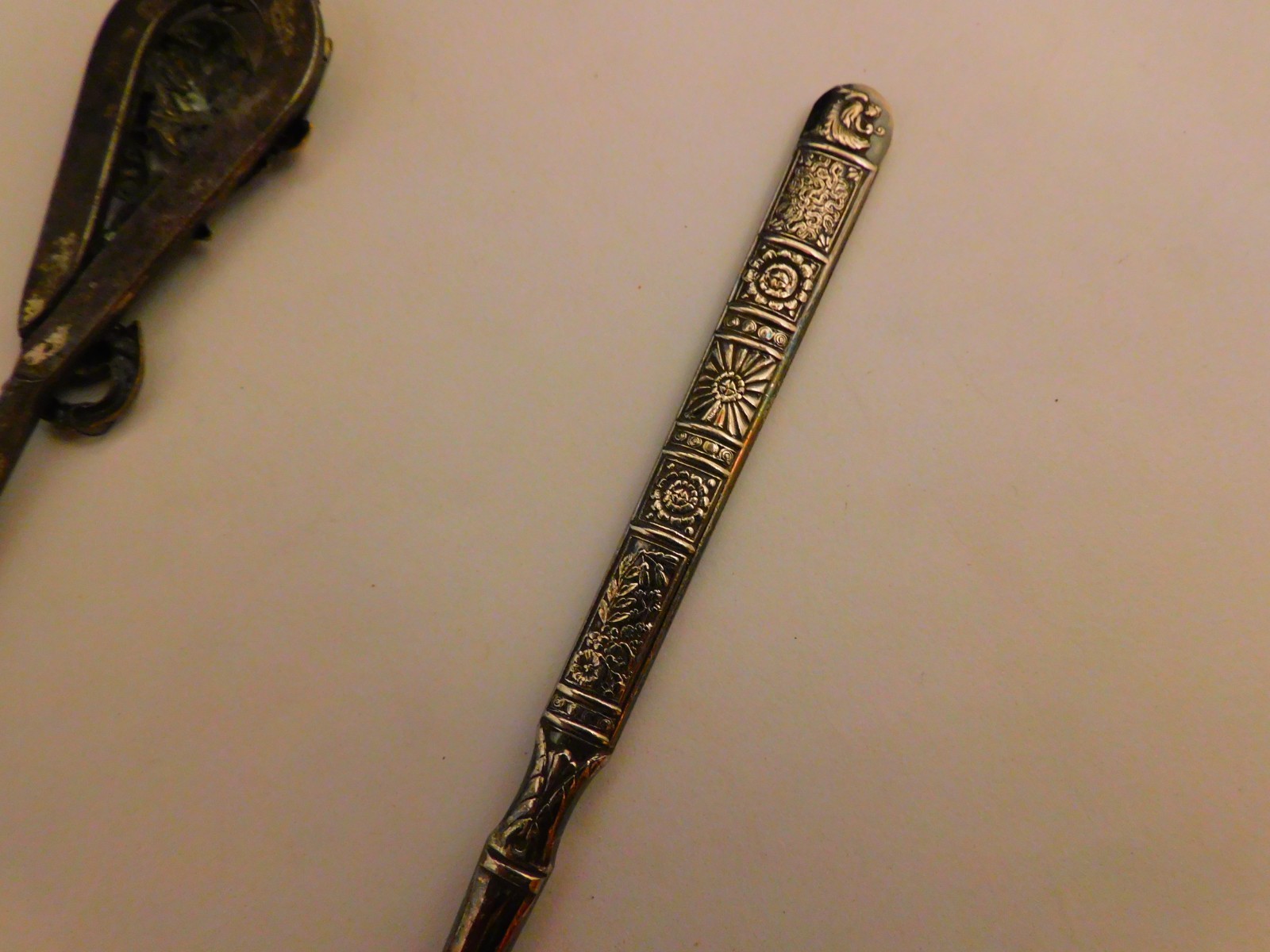 2 Vintage Metal Shoe Button or Glove Hooks Gargoyle & Etched Handles Unusual