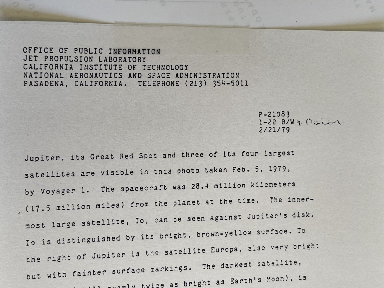 VINTAGE SPACE NASA PHOTO JUPITER VOYAGER JPL KODAK PAPER