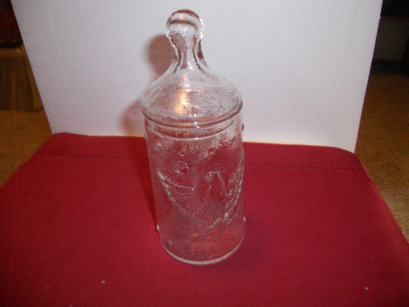 Vintage Clear Embossed Glass American Eagle Stars Lidded Apothecary Candy Jar 7"