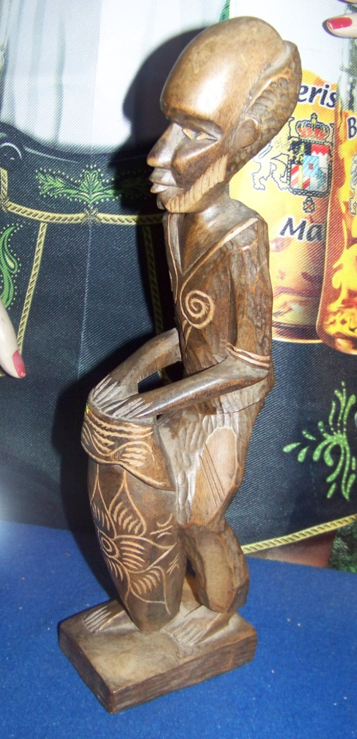 African Elder Tribal Figure Playing Drums 13" Wood Carving